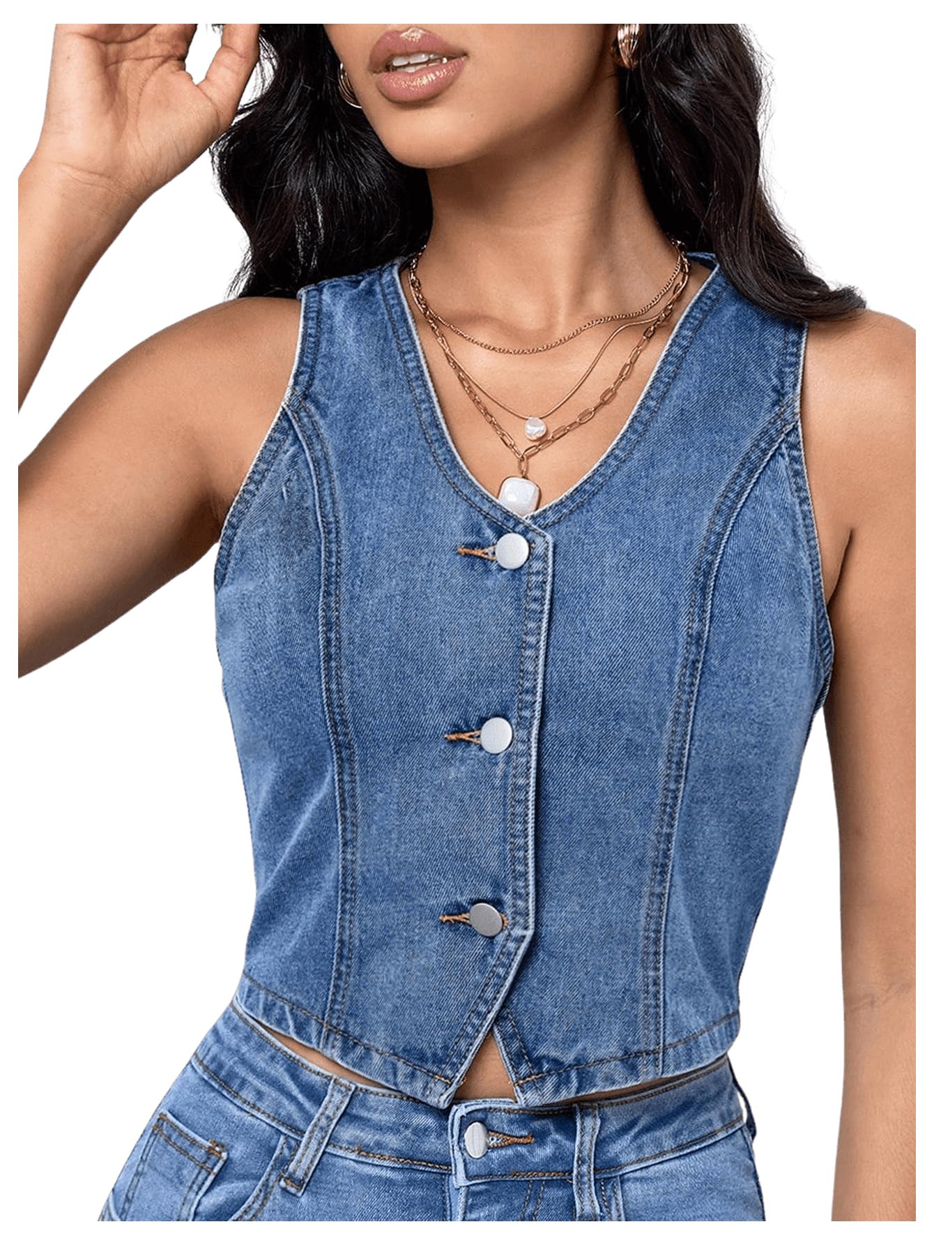 OYOANGLE Womens Denim Top Vests Sleeveless Button Down V Neck Jean Waistcoat Jacket