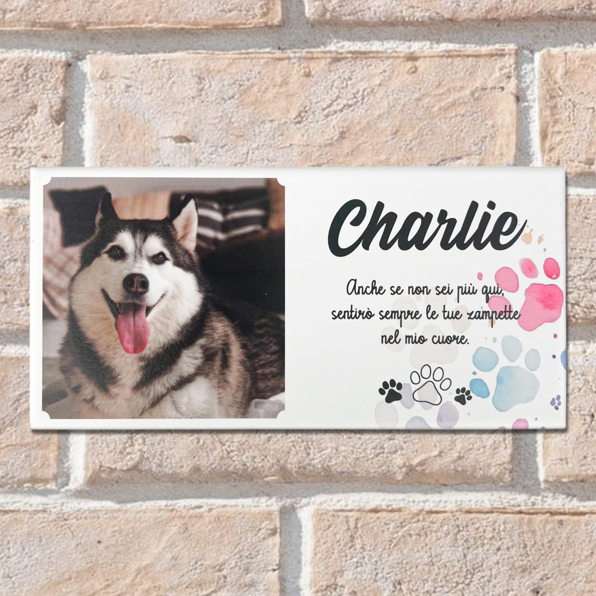 Albalù Targa lapide Cane Commemorativa Personalizzabile in Gres Porcellanato Misura 10x20 cm per lapide, cimitero o Interno, con Foto, Nome, Date e Dedica