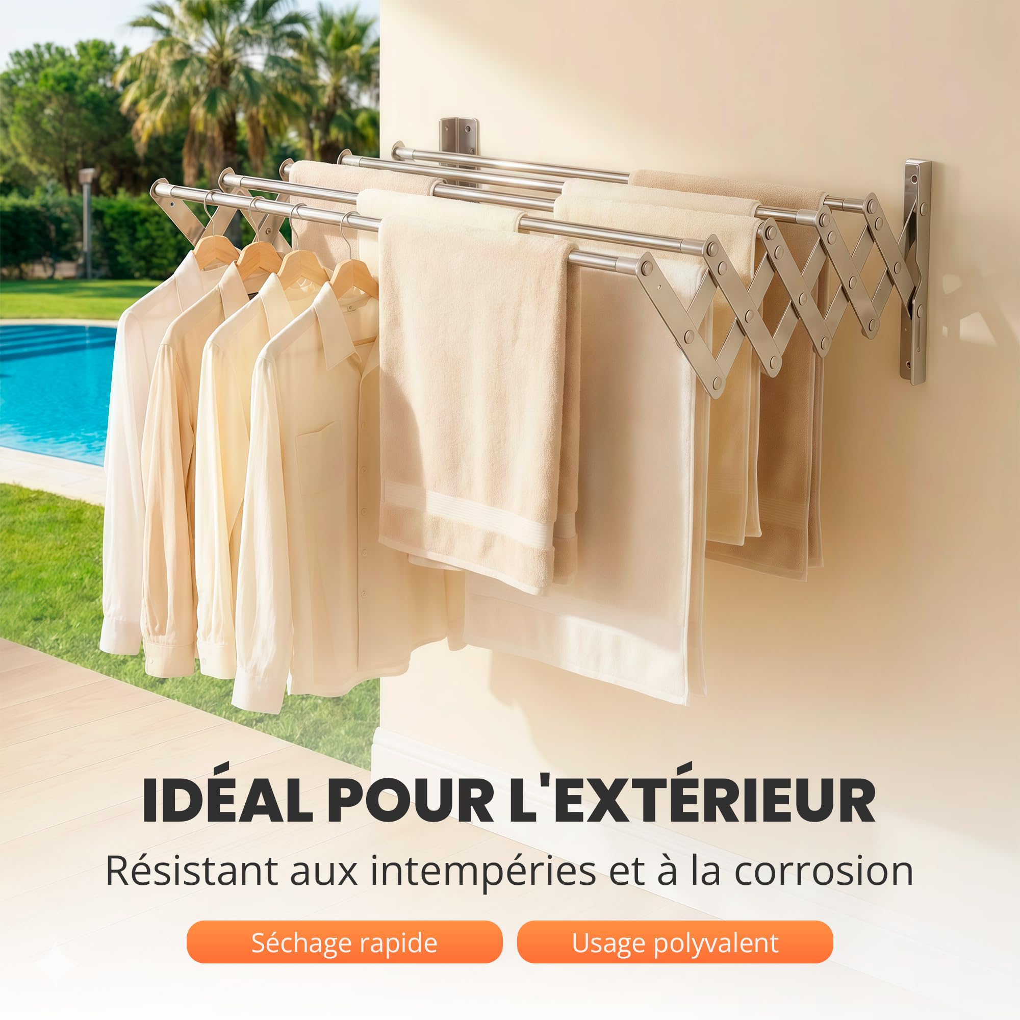 JUPPLIES Étendoir Mural Rétractable 160 cm – Séchoir à Linge Pliable pour Intérieur et Extérieur – 5 Barres INOX Résistantes, Installation Facile et Pinces Incluses