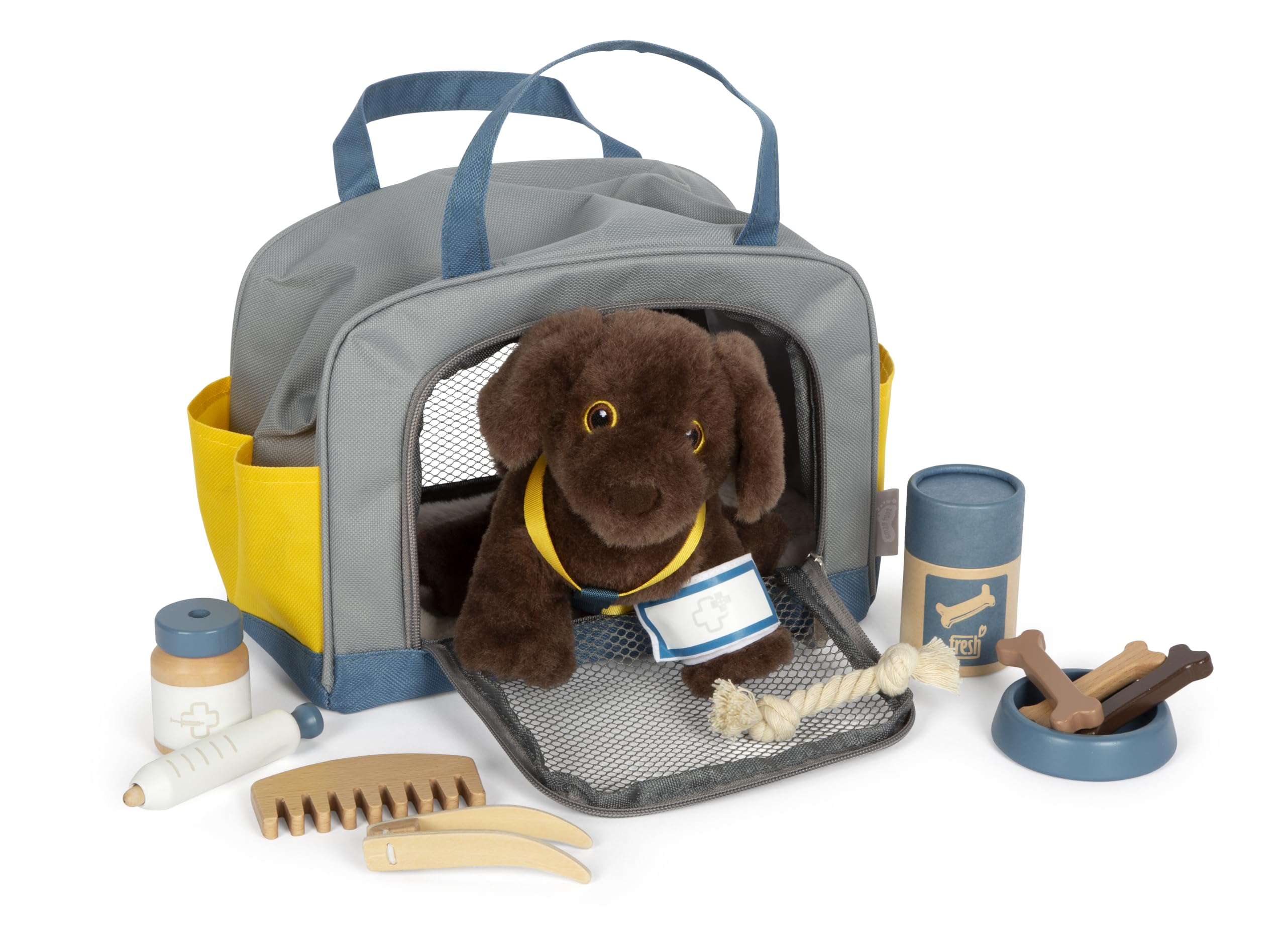 small Foot Hund mit Tasche und Pflege-Set, 15-teiliges Haustier-Spielzeug für Kinder ab 2 Jahren, Rollenspiel Set für Tierpflege, 12600