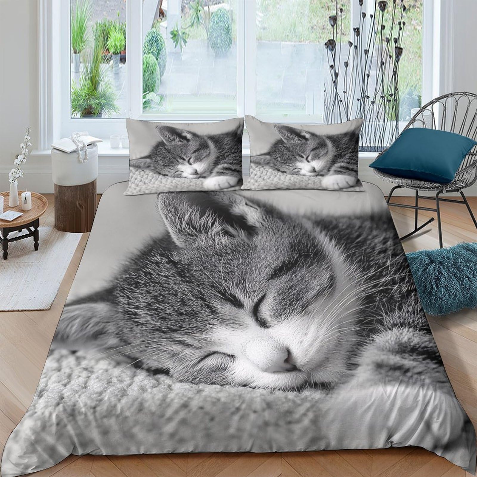 Ctjqhvkz Style-1 3D Printed Sleeping Cat Fitted Sheet Microfiber Soft Bedroom Decor Kitten Bed Cover For All Ages Home Dorm Single（135X200cm）