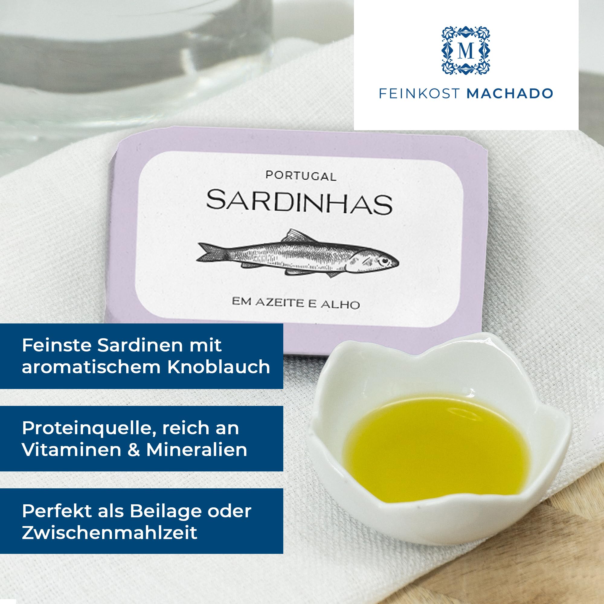 Feinkost Machado — Set of 4 Sardines in Olive Oil (160g each) | Classic, with Lemon, Garlic & Paprika | Mediterranean Delight from Portugal — Tender, Spicy & Aromatic | Perfect for Salads & Snacks