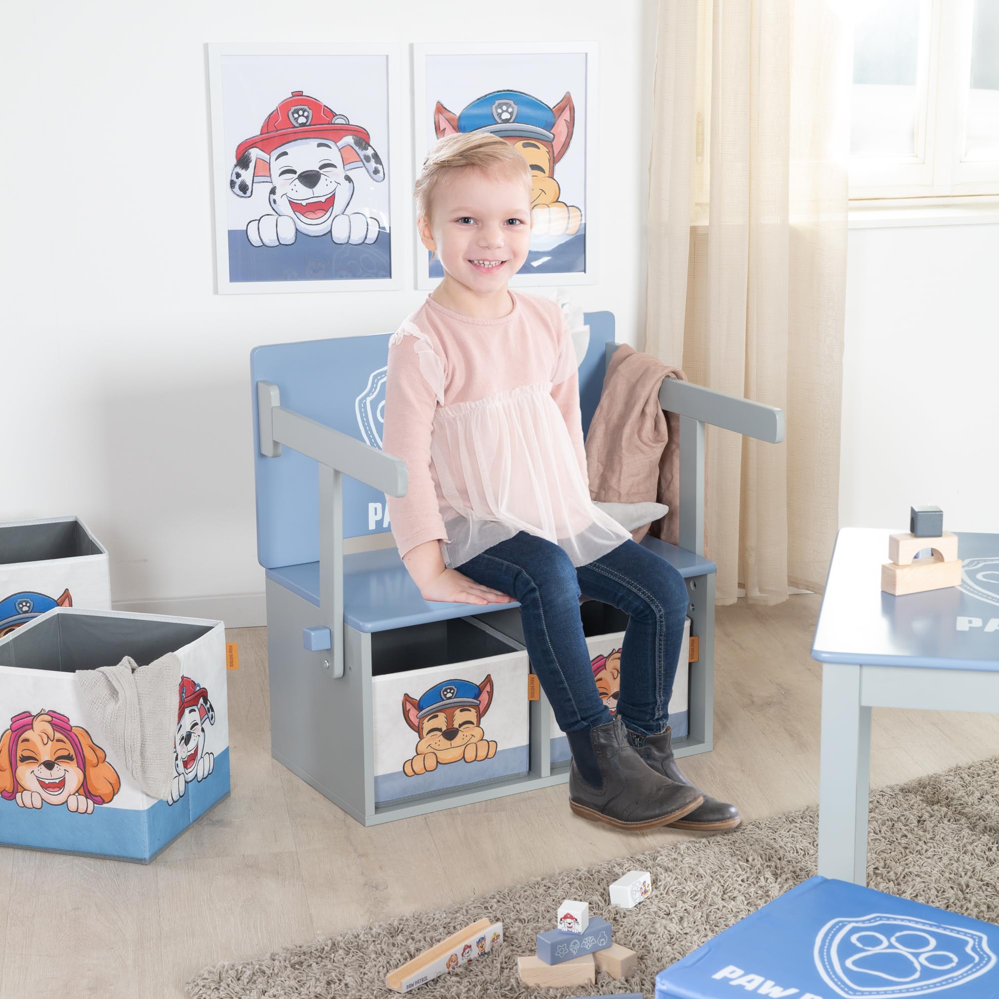 Paw Patrol Klappbare Sitzbank mit 2 Aufbewahrungsboxen, umbaubar zum Kindertisch, Holz grau/blau ab 18 Monaten