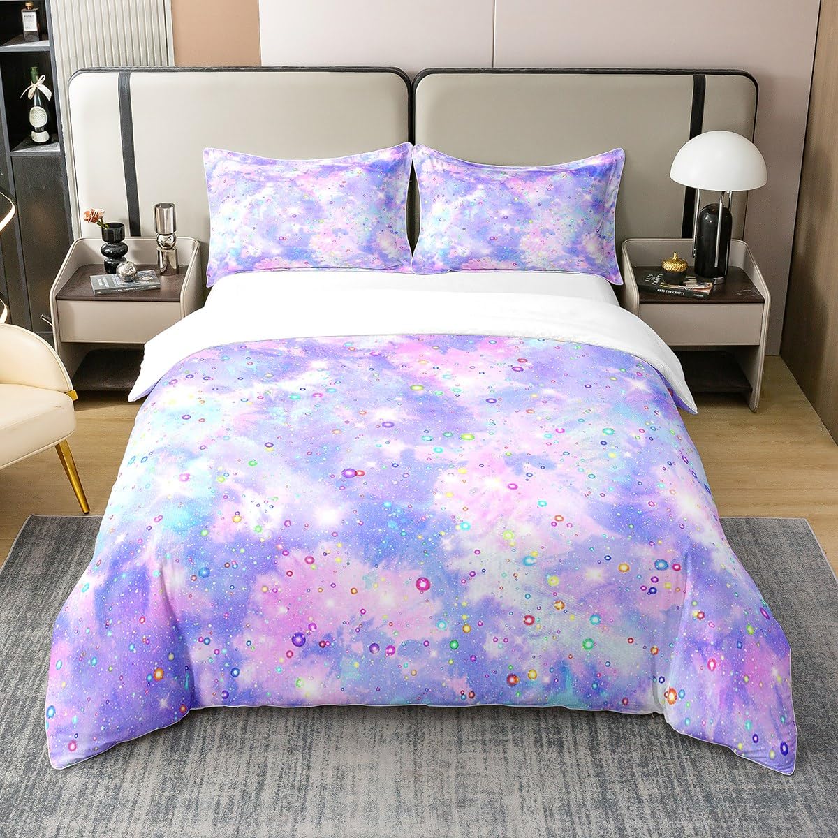 Set di biancheria da letto matrimoniale in 100% cotone, 3 pezzi, con colori ad acquerello, sfumato, graffiti, decorazione per bambini, adolescenti, adulti, stelle glitterate, semplice e sognante, con