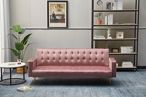 Boncrea - Sofá futón de terciopelo, sofá cama de 75 pulgadas, capacidad de 500 libras para sala de estar pequeña (rosa)