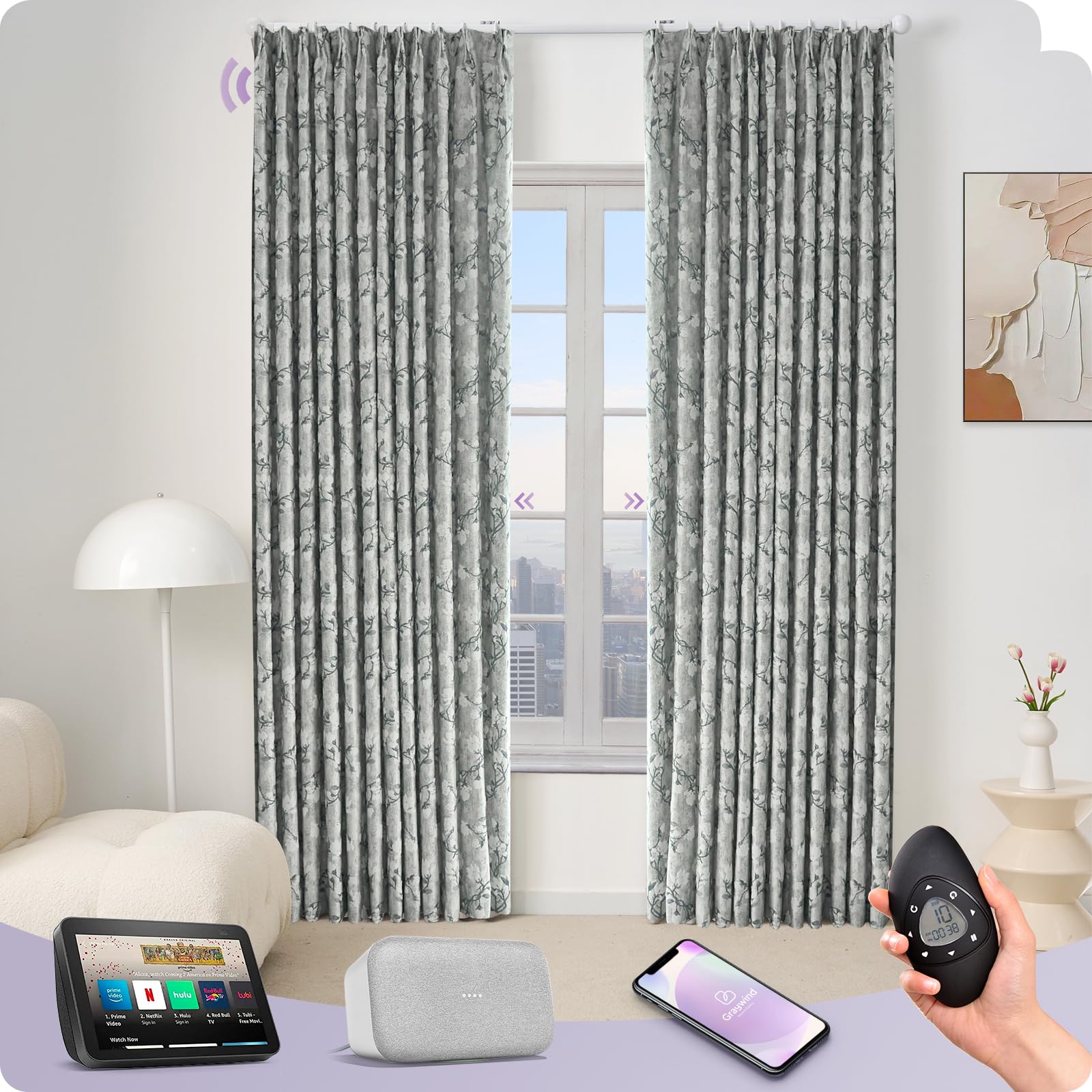 Graywind Smart Curtain Set Compatible with Alexa Google Hardwired Motorized Grommet Drapes for Living Room Bedroom, Custom Size (Kapok Series)