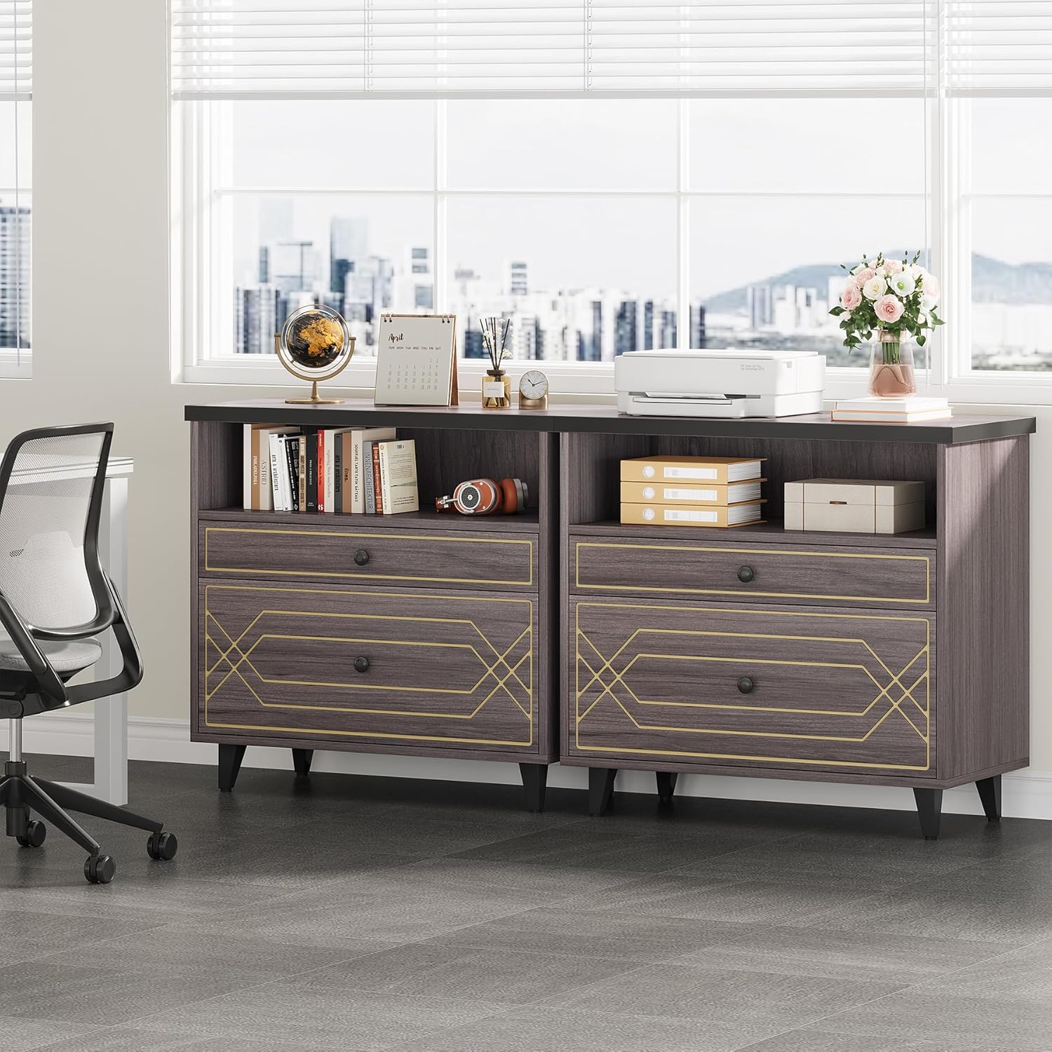 Lateral File Cabinet with Shelf, 2 Drawer Filing Cabinet for A4/Letter/Legal Size, Modern Industrial Office Storage Cabinet Printer Stand for Home Office, Gray Brown