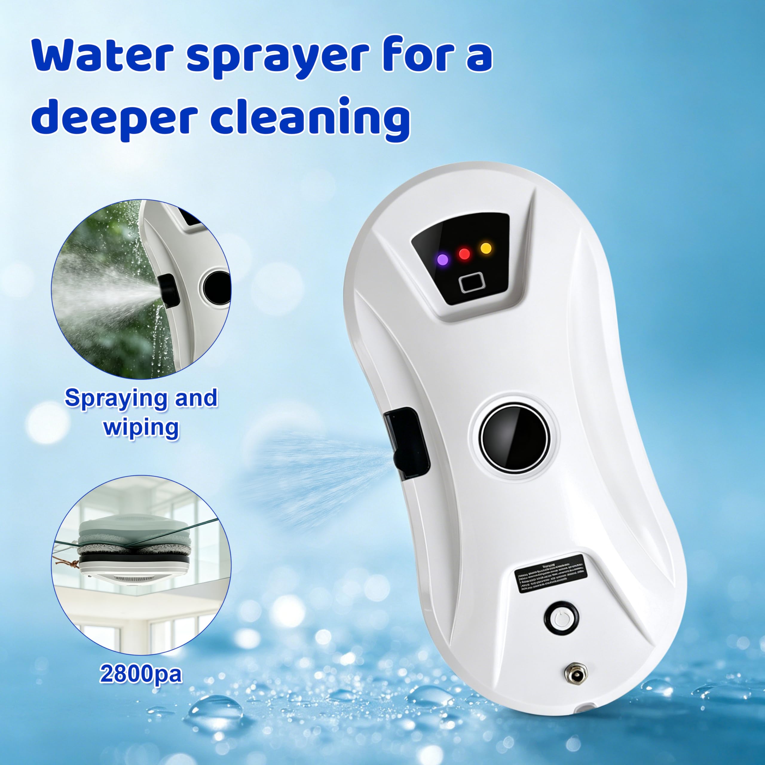 Robot de nettoyage de vitres intelligent avec aspiration forte de 5600 Pa, système de sécurité multiple, détection des bords, pour plafond de fenêtres hautes, extérieur et intérieur, blanc