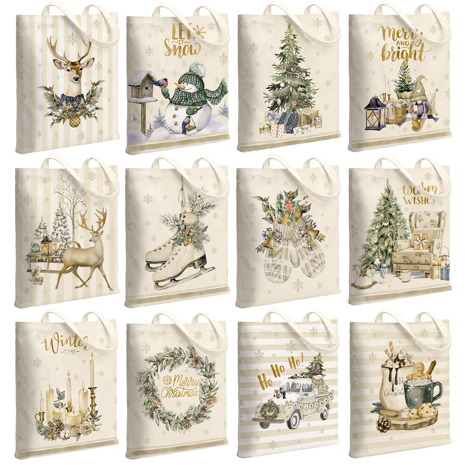 Paterr 12 Pcs Neutral Christmas Canvas Tote Bags Bulk Reusable Christmas Gift Bags with Handles Xmas Reindeer Snowman Canvas Handbags for Women Xmas Gifts Church Farmhouse Party Decor Supplies