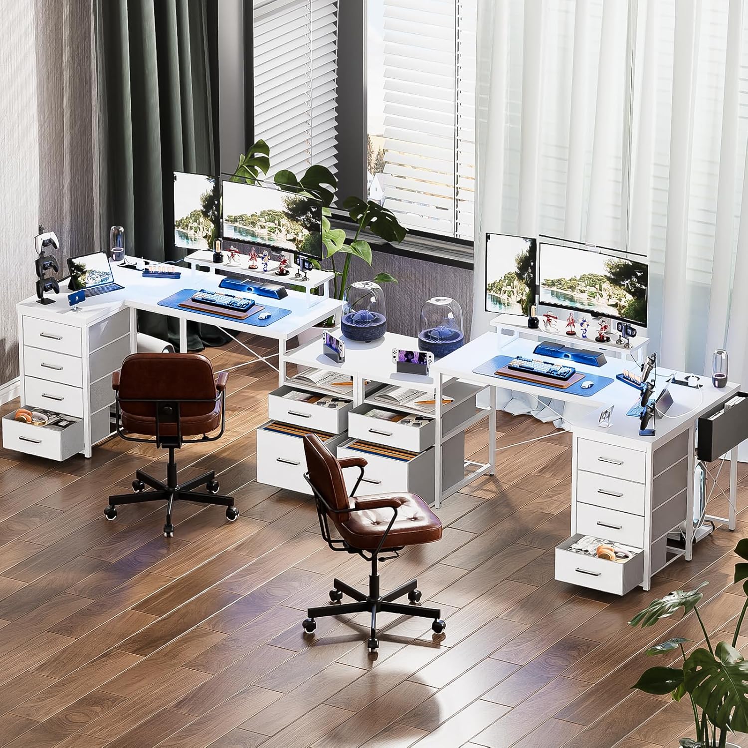 Unikito 70.8" Reversible L Shaped Computer Desk with Fabric File Drawers, Corner Desks with RGB LED Light & Power Outlets & Monitor Stand, Large Gaming Desk for Home Office Workstation, White