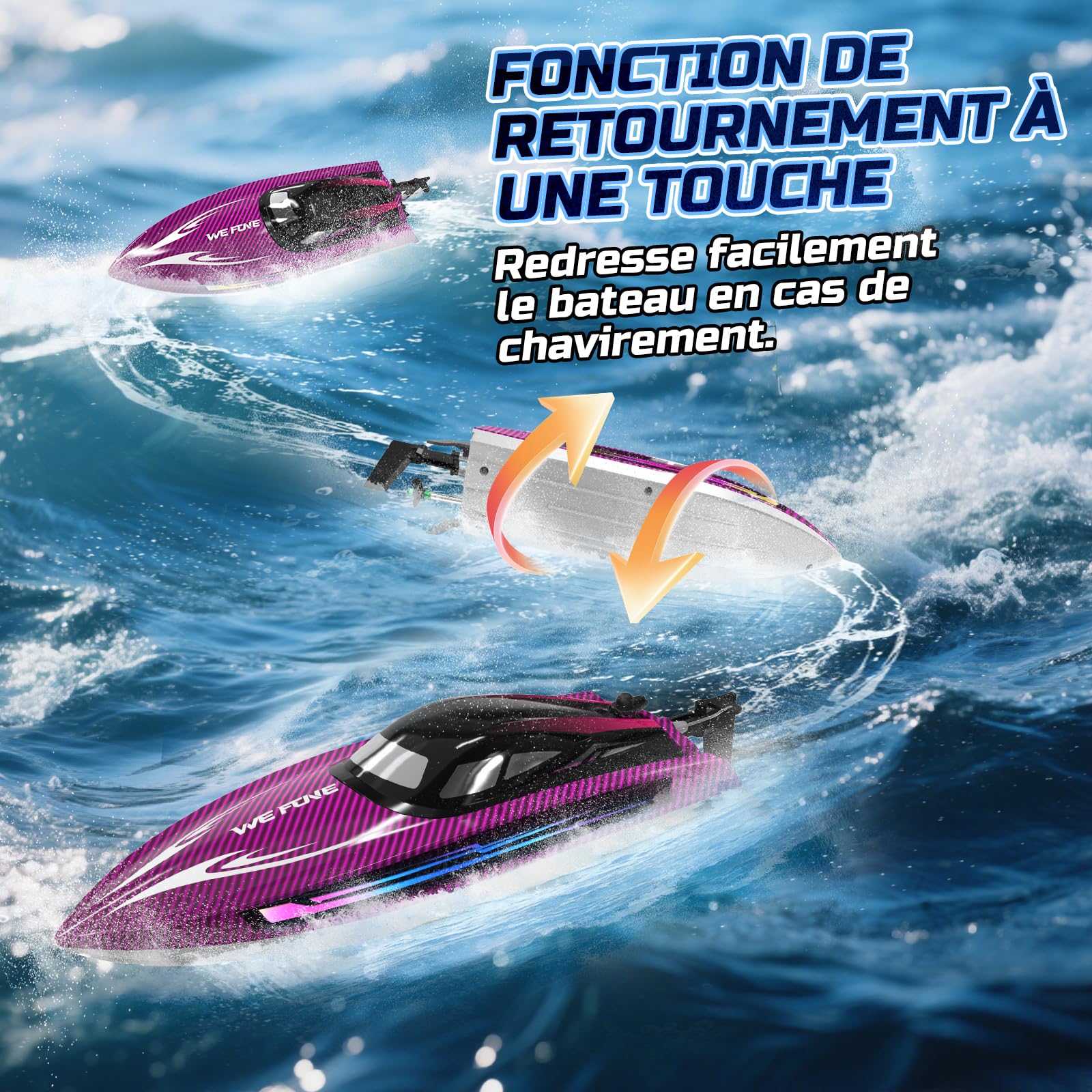 WeFone Barco RC de Alta Velocidad para Niños y Adultos, Más de 15 mph, Lancha Teledirigida con Luces LED, Autoenderezable, Modo Demo, Impermeable, Piscinas y Lagos, 2 Baterías 40 Min, Morado