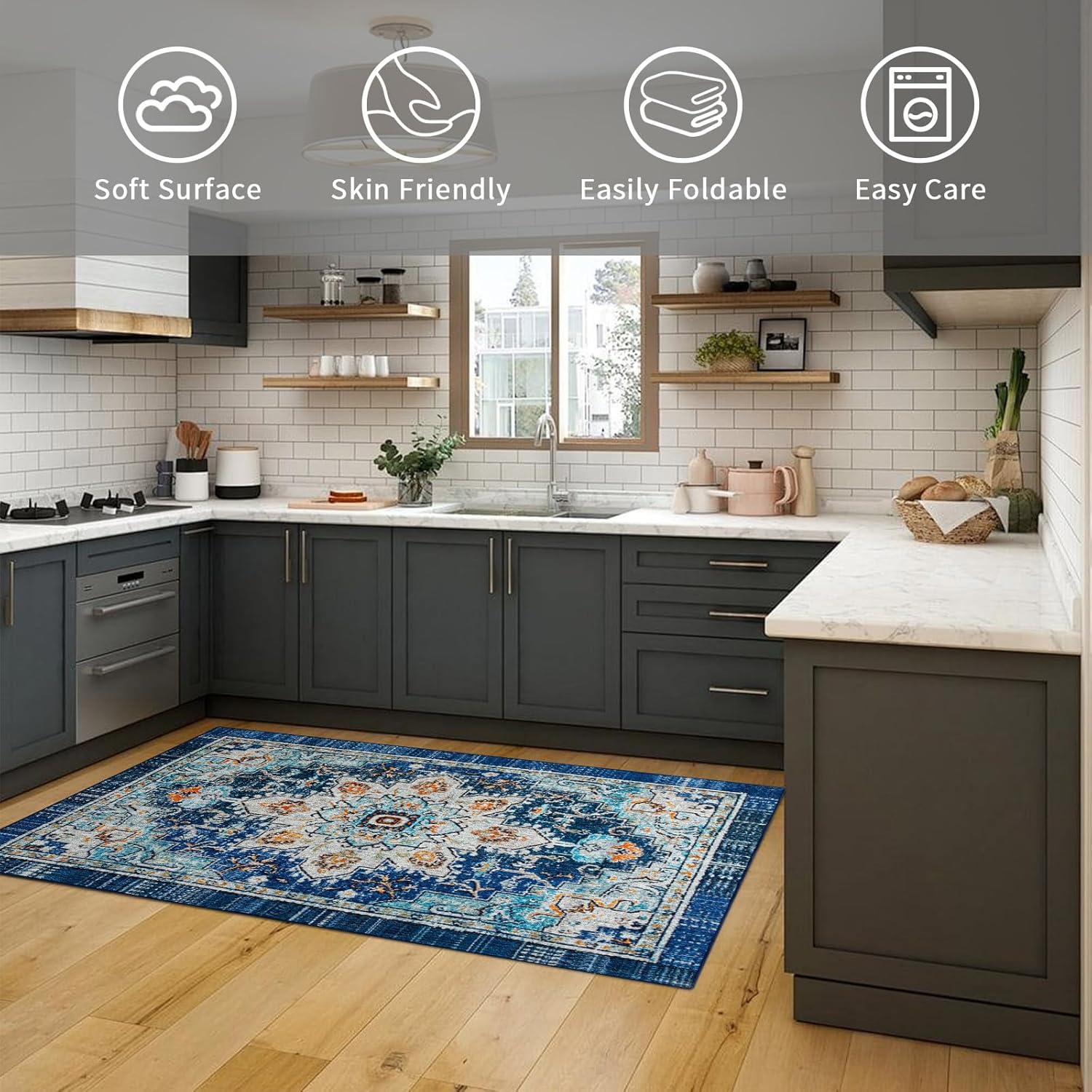 Easy-Going Boho Area Rug 3x5 Entryway Rug Washable Inside Door Mats for Home Entrance Non-Slip Tangerine Vintage Small Rugs for Entry Living Room Bedroom Kitchen Lightweight Carpet, Floral Aqua Yellow - Image 4