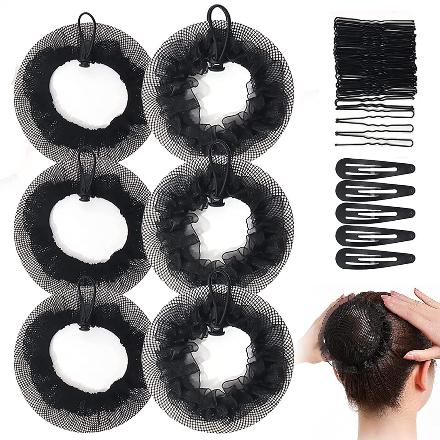 Hair Nets Invisible and U Shaped Hair Pins Set, Ponytail Holders, Reusable Elastic Mesh Bun Cover, Black Stretch Lace Hair Accessories for Ballerina Dancer Bank Clerk Nurse Skater (6 PCS)
