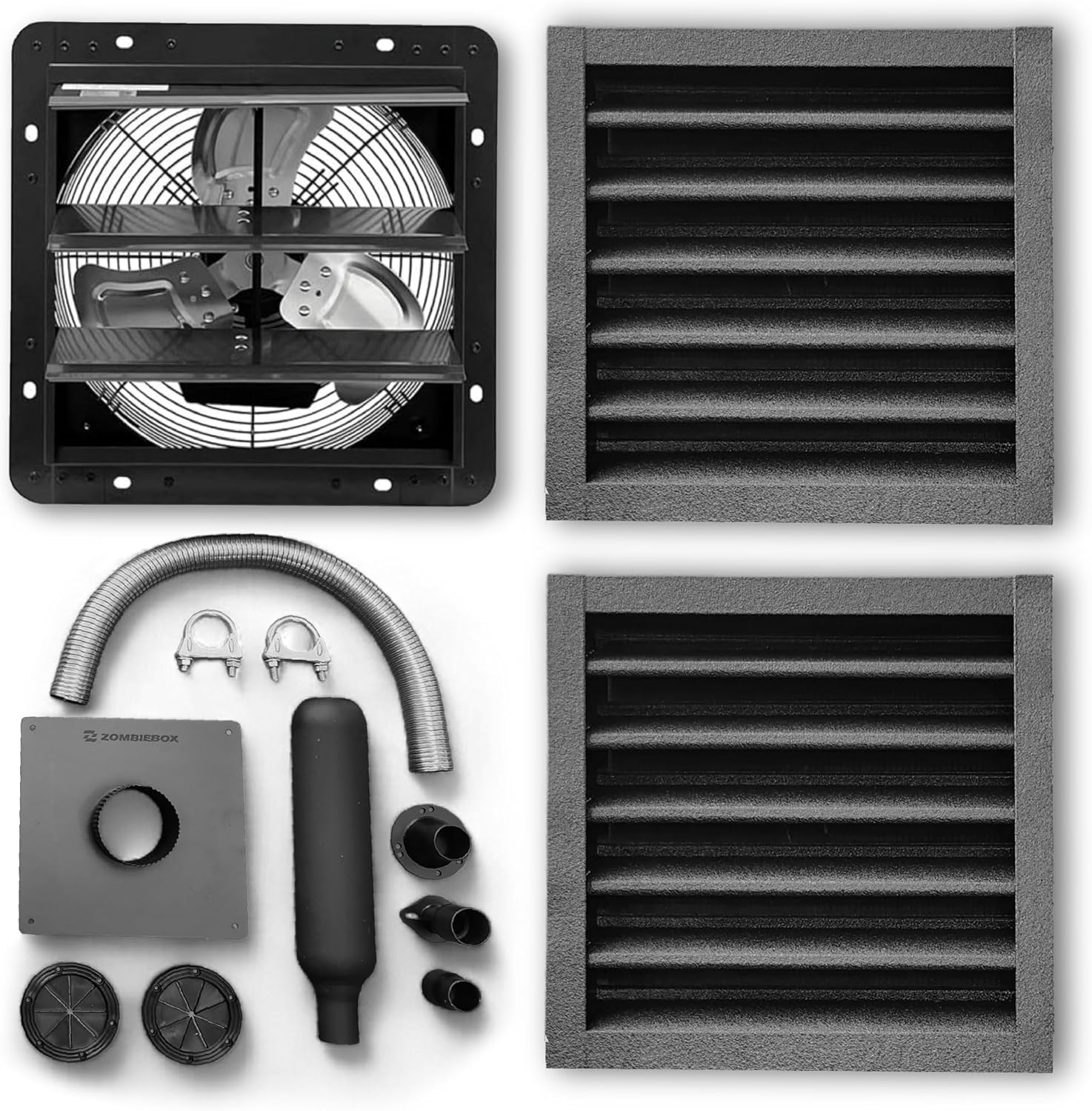 DIY Generator Shed Ventilation & Exhaust Kit With Cooling System. Includes High-Flow Shutter Fan, Flexible Exhaust Extension, Weatherproof Louvered Vents, And Cable Grommets For Outdoor Enclosures