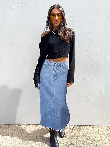 Miniatura 2 de MISS MOLY Faldas largas de mezclilla para mujer, cintura alta, dobladillo deshilachado, con abertura, acampanada, con bolsillos
