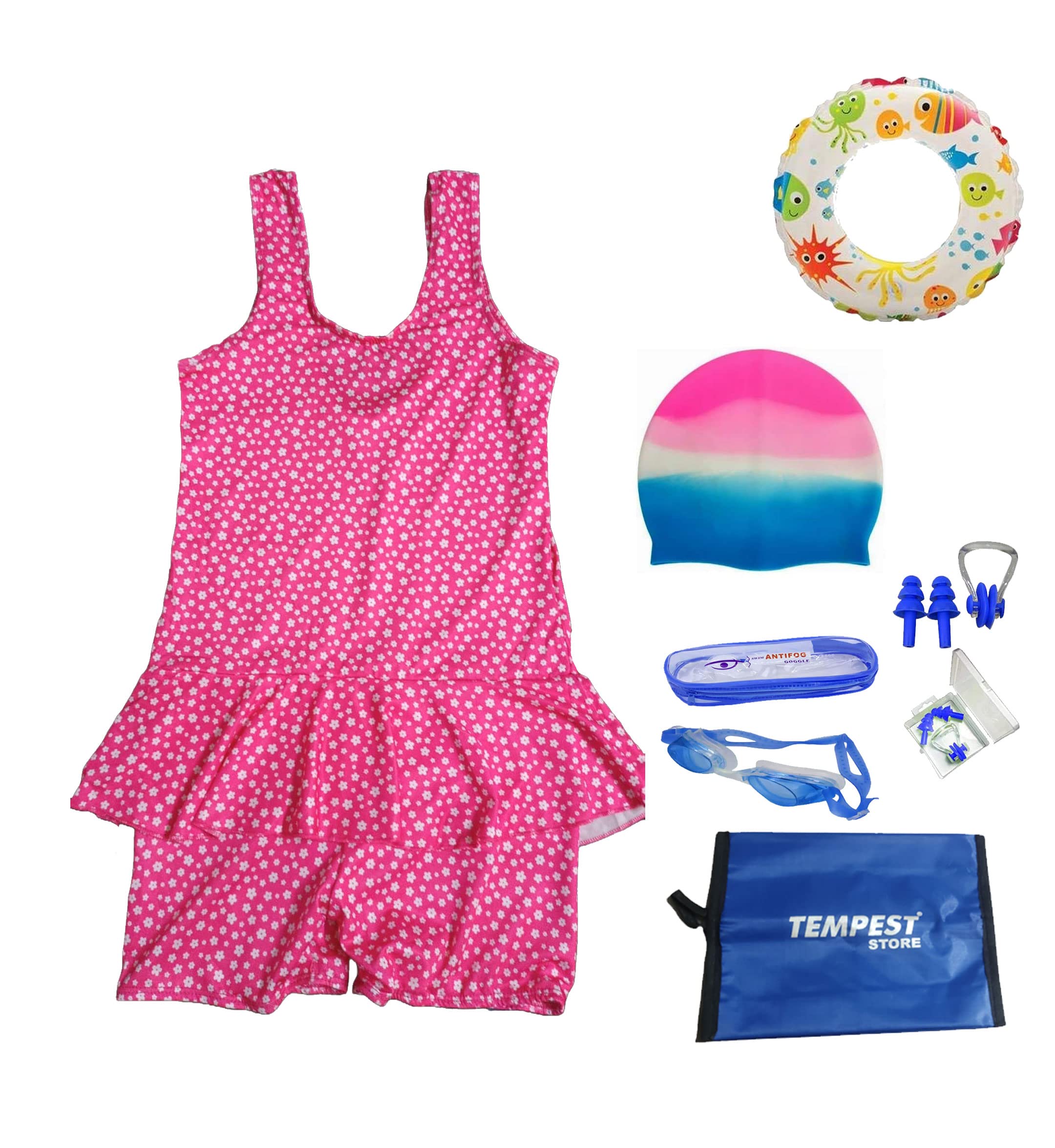 TEMPEST Swimming Kit for Girls with 1 Swimming Costume | Swim Suit | Swimwear | Swimming Dress 1 Goggles 1 Swimming Cap 2 Ear Plug 1 Nose Clip 1 Swimming Tube(Multicolor, 5-6 Years) with Free KIT Bag 4