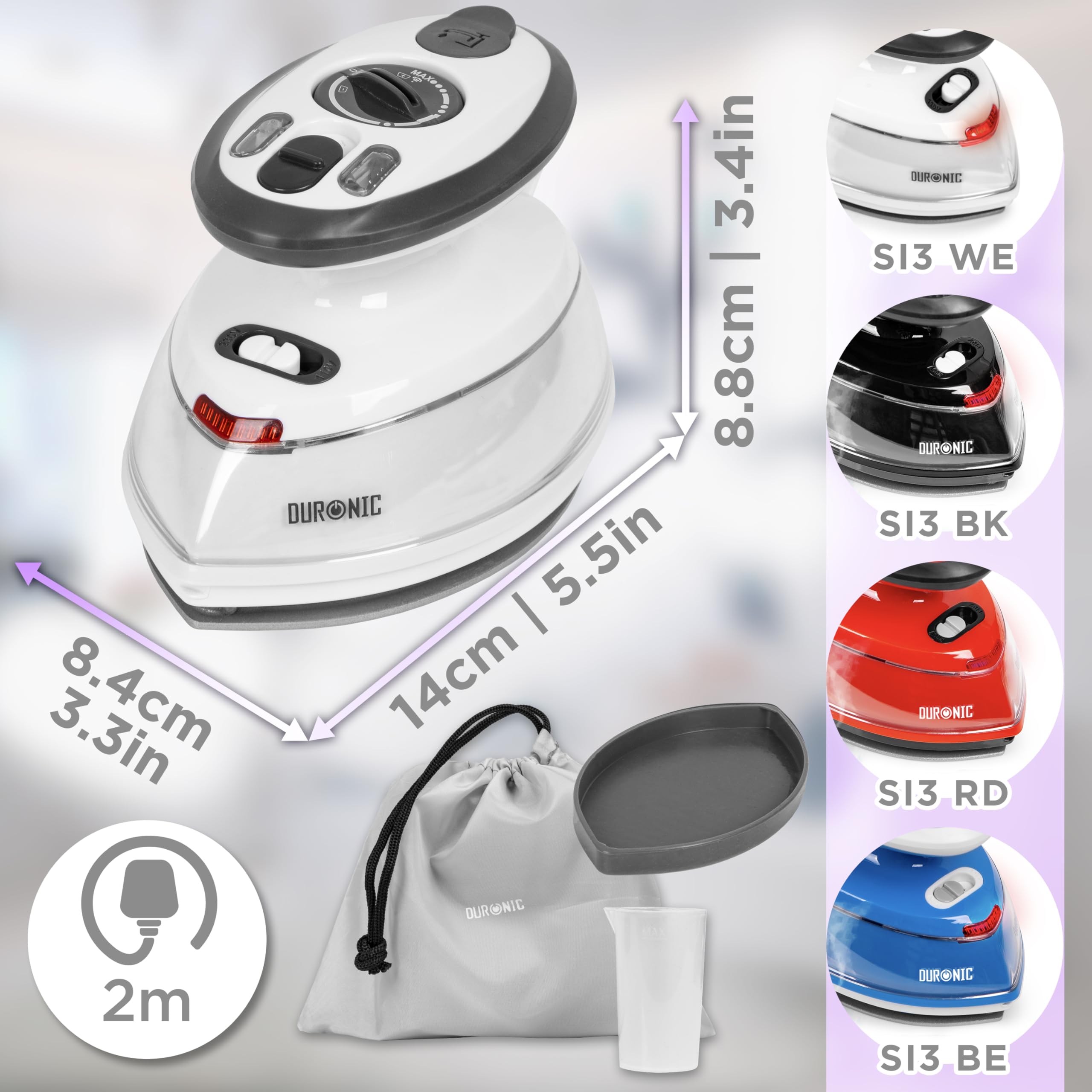 Duronic SI3 WE Mini Ferro da Stiro, Ferro da viaggio a vapore 400W, Serbatoio 35ml, Steamer portatile con base d’appoggio e borsello da viaggio, Per lavori di cucito, quilting, Bianco