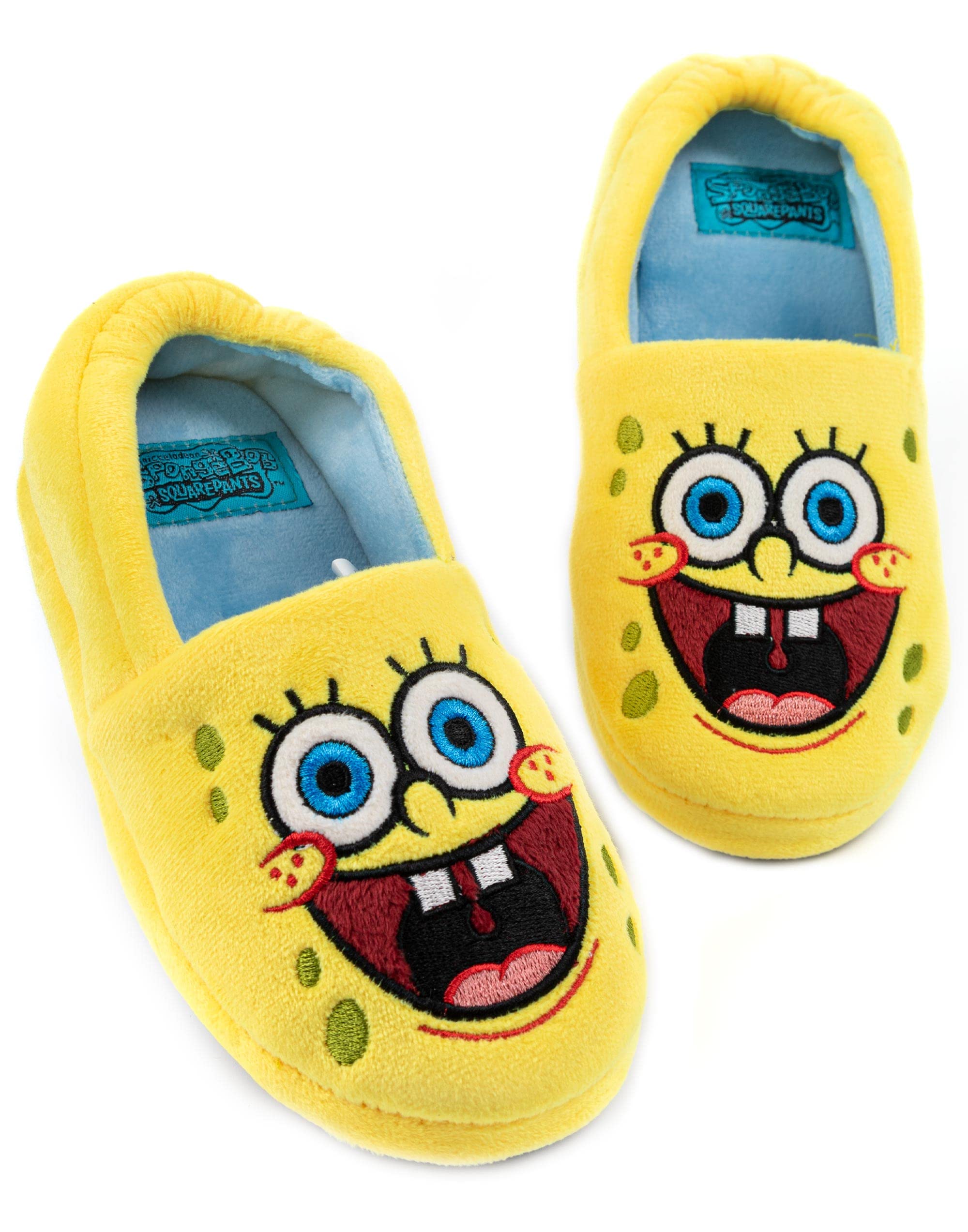SPONGEBOB SQUAREPANTSSpongeBob Mens Slippers | Adults Animated Character Face Yellow Blue Elasticated Heel Support House Sliders | Movie Series Merchandise