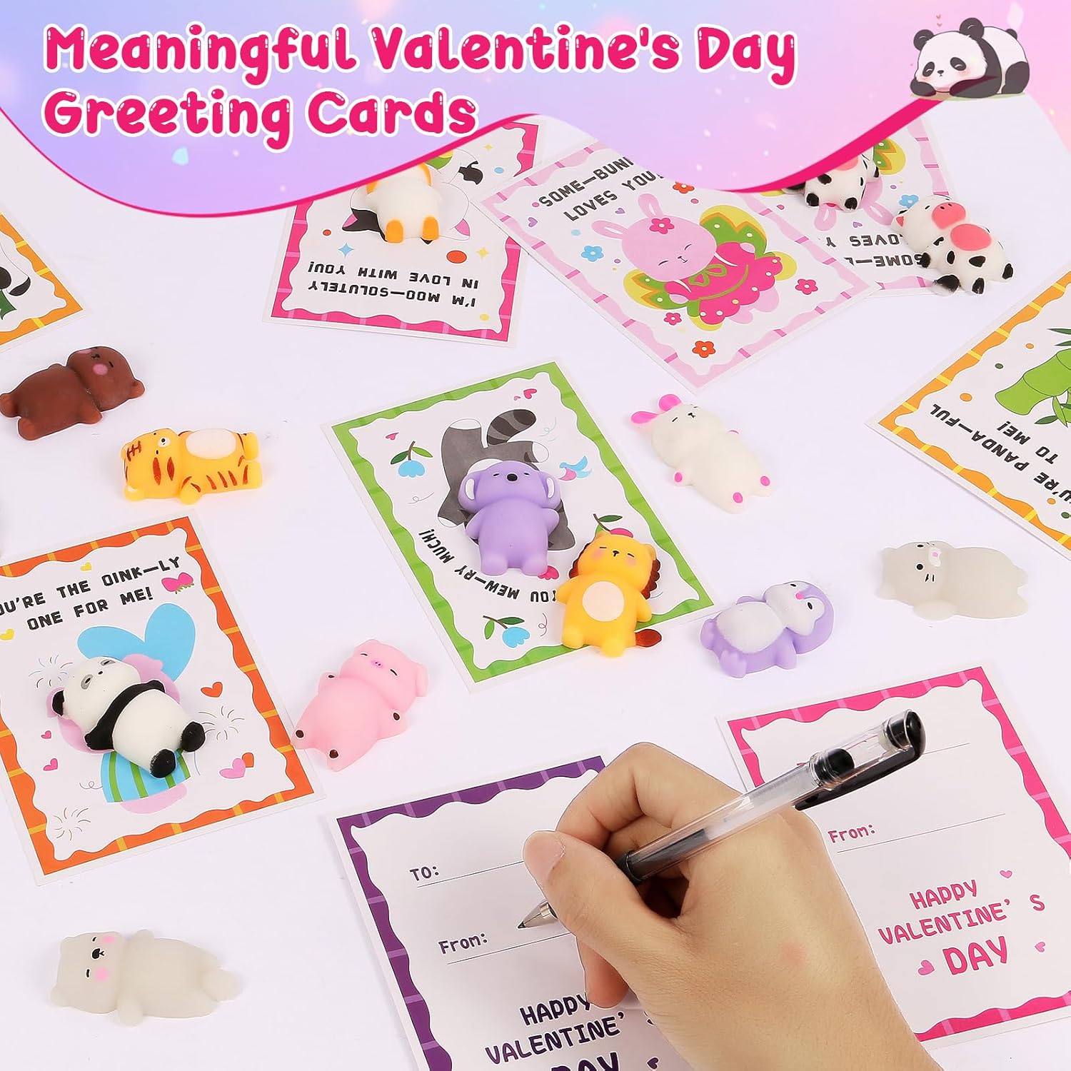 28 Pack Valentines Day Gifts for Kids School with Kawaii Mochi, Stress Relief Fidget Toys with Valentines Day Cards for Kids Classroom, Valentines for Kids Class Exchange Gifts School Party Favors