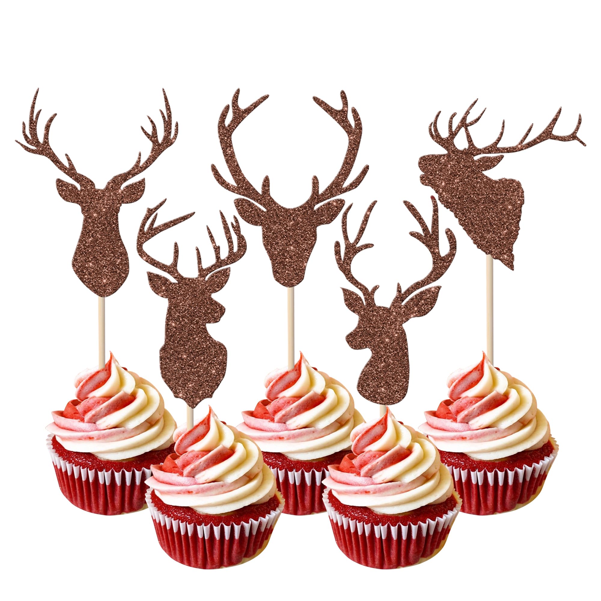 30 Pack Christmas Deer Cupcake Toppers Glitter Christmas Antler Cupcake Picks Xmas New Year Merry Christmas Hunting Baby Shower Birthday Cupcake