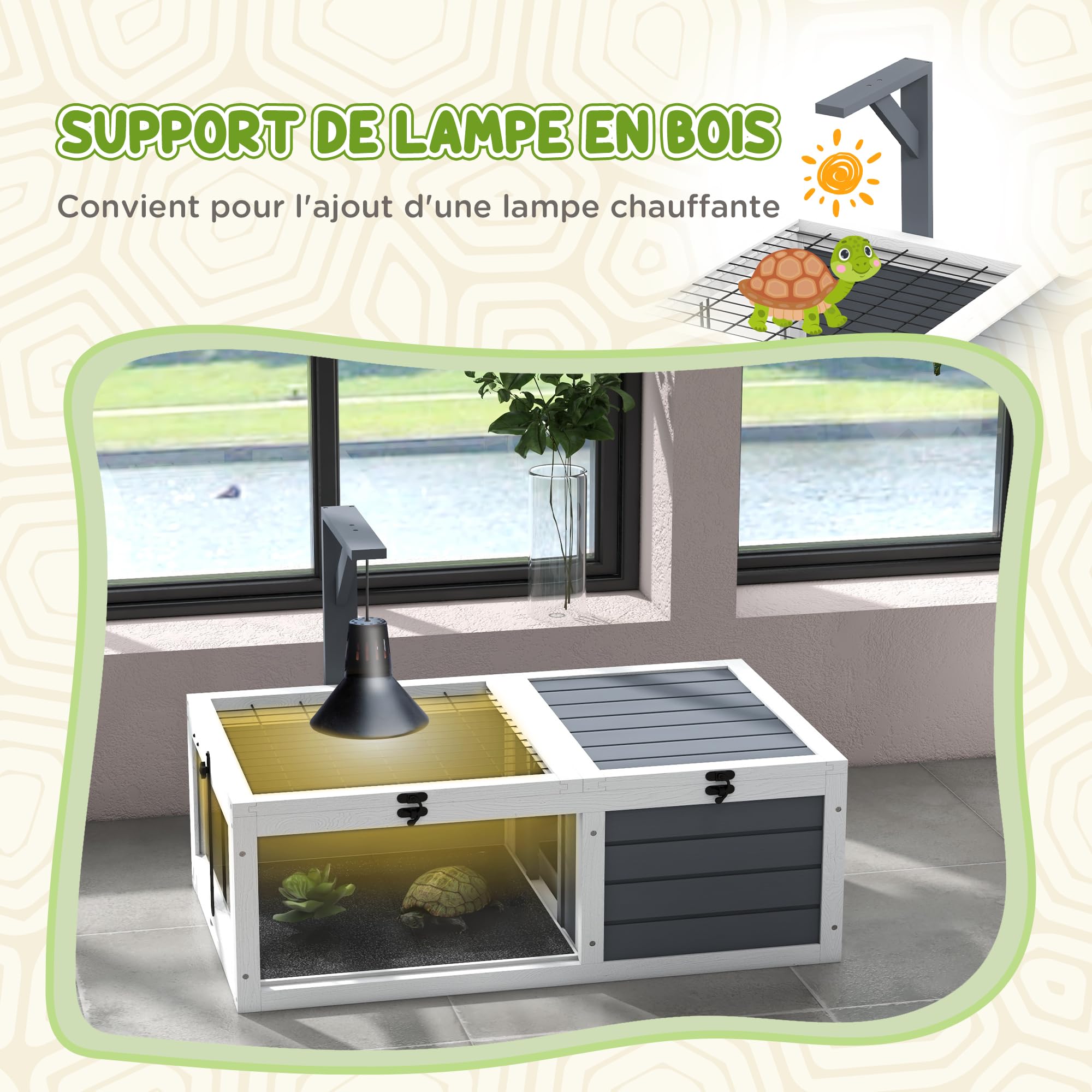 PawHut Maison enclos Cage pour Petit Animal Tortue avec 2 espaces, Support de Lampe 2 Plateaux coulissants, 81 x 48 x 31,5 cm - Bois Massif Gris
