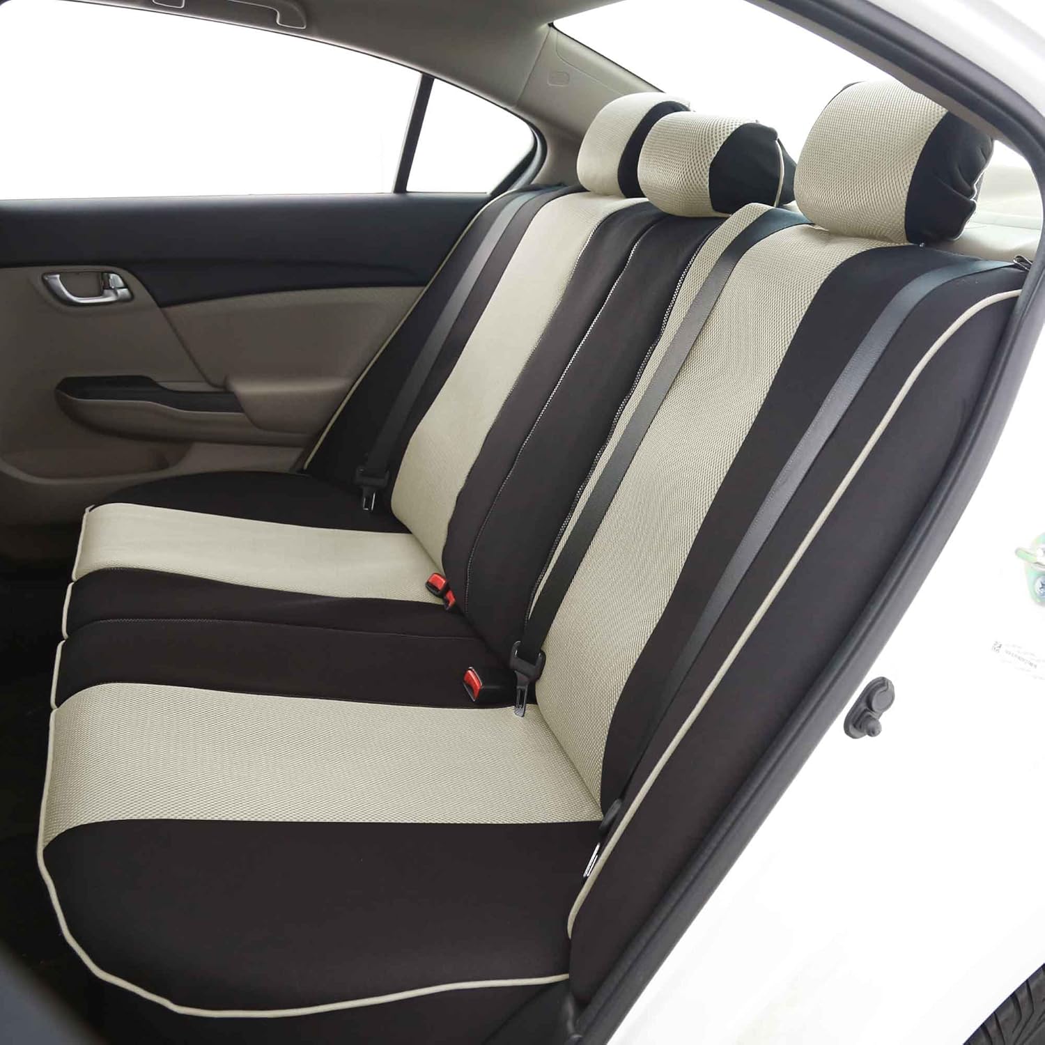 FH Group Car Seat Covers Three Row 7 Seater Cloth Car Seat Covers with Piping (Airbag and Split Ready) - Universal Fit for Cars Trucks & SUVs Beige/Black