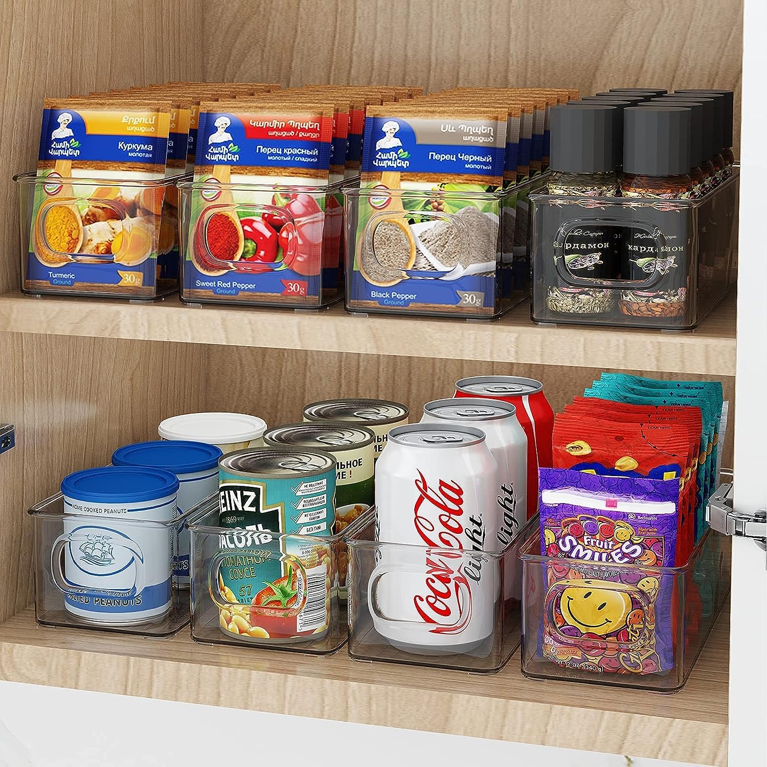 Snazzy Paquete de 6 contenedores organizadores transparentes para refrigerador con asas, contenedores apilables de almacenamiento de alimentos para despensa, nevera, gabinete, encimeras, organizador