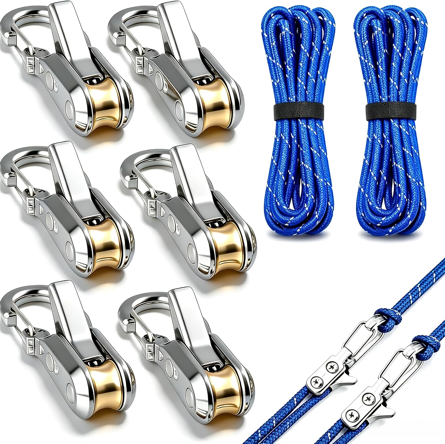 Rope with Roller Tensioner, 6-Pack Heavy Duty Tie Downs – Retractable Buckle Rope & Paracord Adjusters for Camping, Guy Lines, Boating, Outdoor Gear