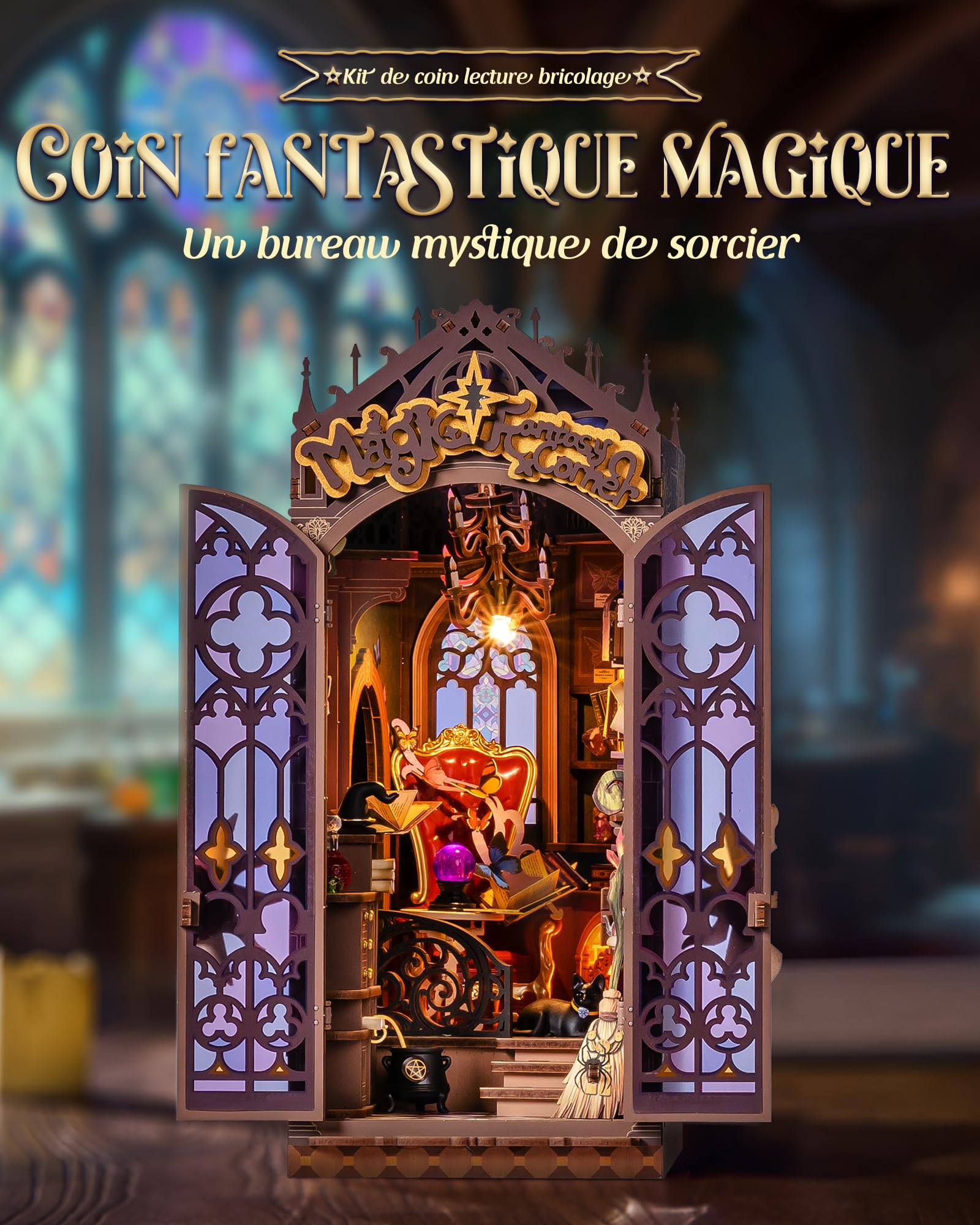 Rolife Book Nook Maison Miniature Magic Fantasy Corner, Puzzle 3D Booknook avec Lumière et Porte de Fermeture, Halloween Diorama pour Bibliothèque d'angle, Cadeau d'anniversaire & de Noël pour Adulte
