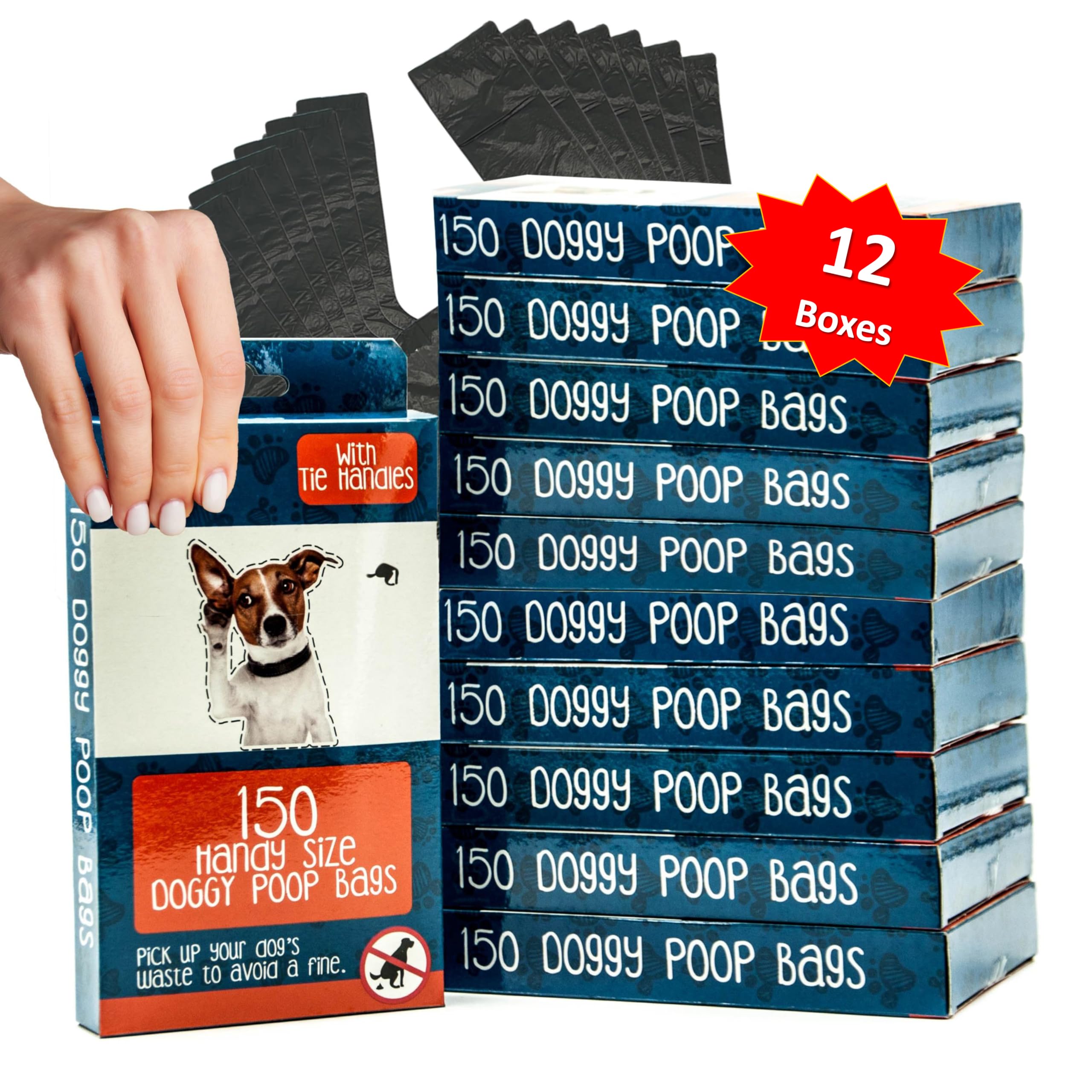 1800x Dog Poop Bags with Tie Handles – HYGIENIC Pet Waste Bin Disposal – Easy and Wide Walking Bag for Dogs Poo – Portable, Travel, Outdoor Use (Black, 150 count (Pack of 12))