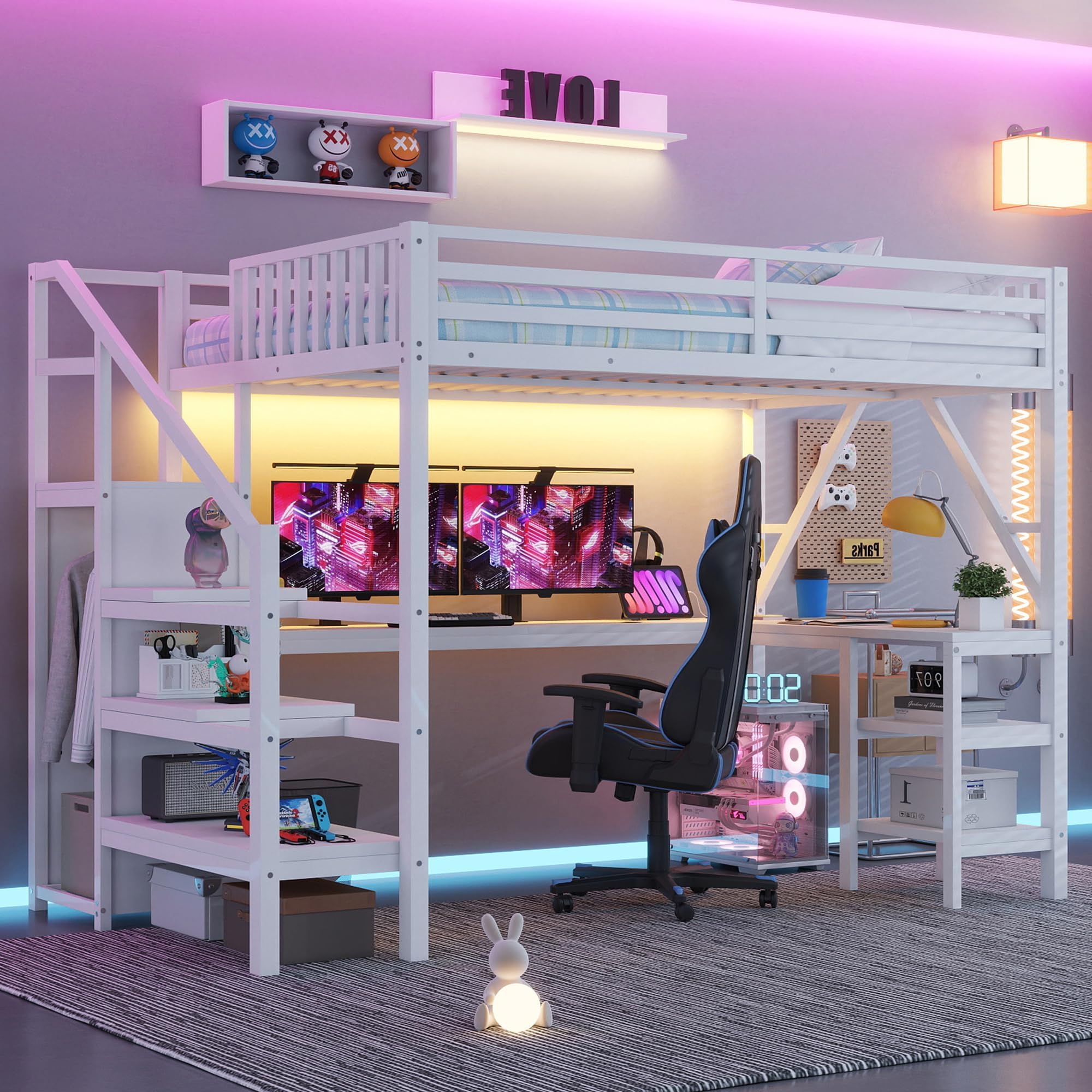 Queen Size Loft Bed with Desk and Stairs, Gaming Loft Bed with RGB LED Light and Storage, Heavy-Duty Metal Loft Beds Frame with Wardrobe, Shelves and Charging Station for Adults Kids Teens, White
