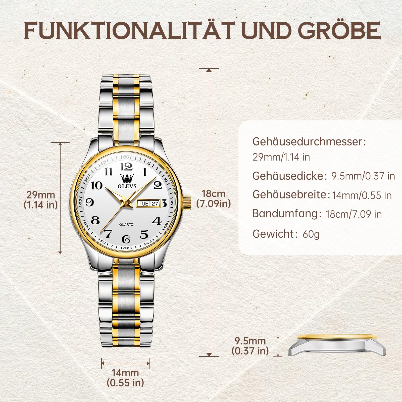 OLEVS Armbanduhr Damen, Edelstahl Analoge Quarz Tag Datum Damenuhr, Wasserdicht Kleines Gesicht Leuchtend Uhr Damen, Eleganz Freizeit Damenuhren