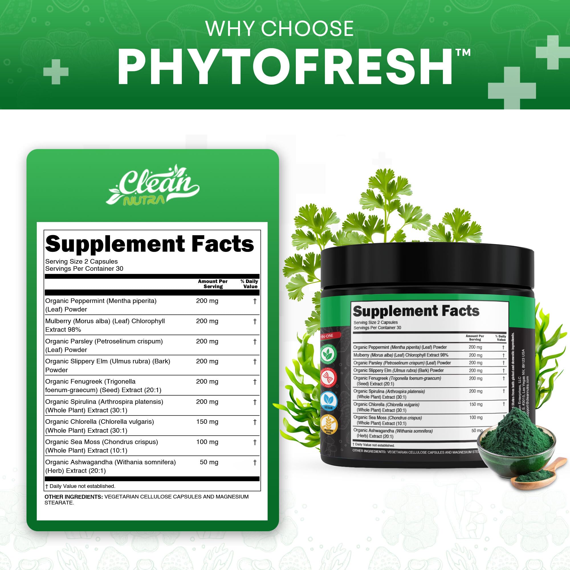 Clean Nutra Chlorophyll Capsules Supplement Internal Deodorant Peppermint, Sea Moss, Parsley, Chlorella, Spirulina, Slippery Elm, Ashwagandha, PhytoFresh Greens Detox Pills