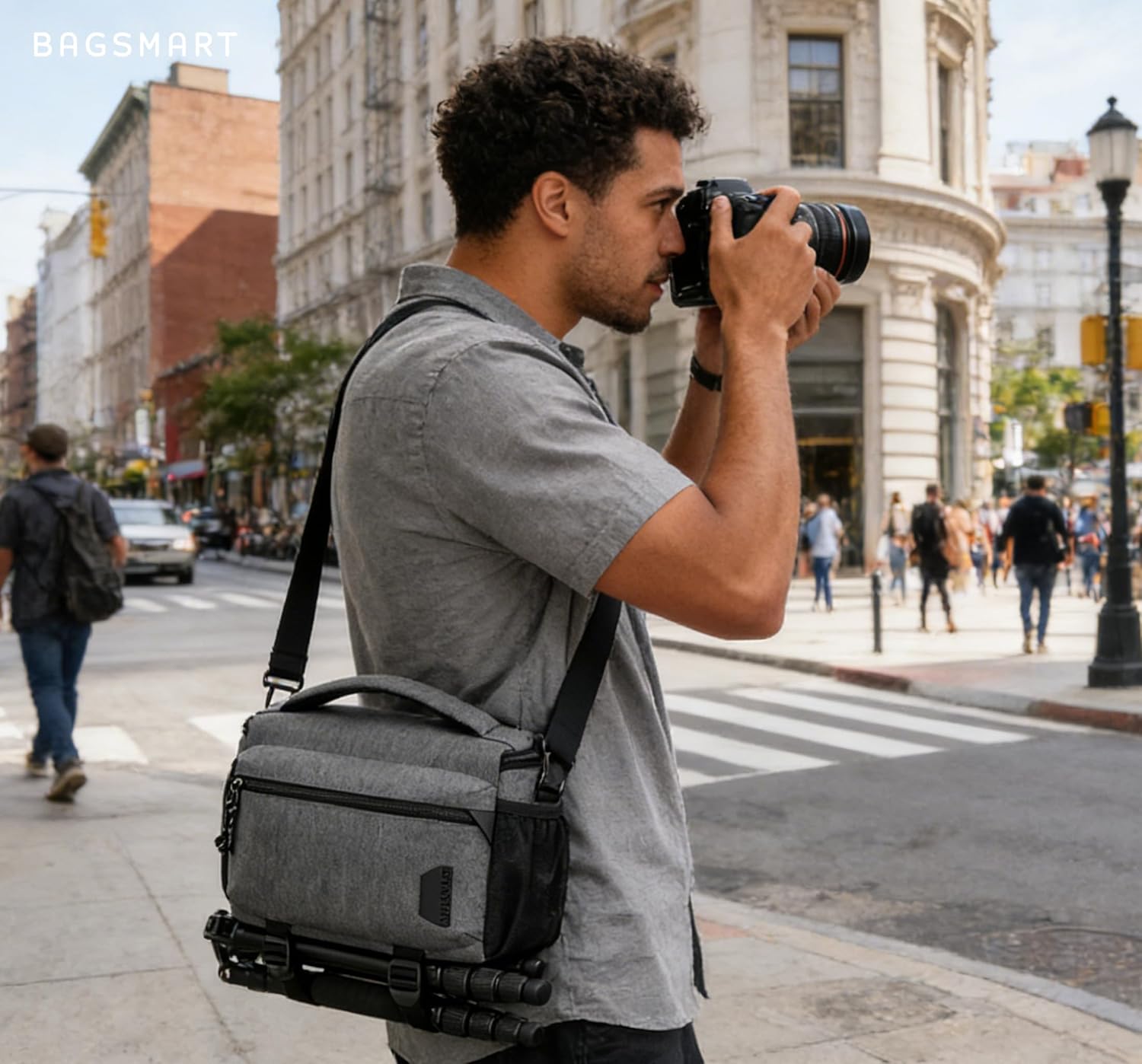 BAGSMART Small Camera Sling Bag for Photographers, Compact Camera Shoulder Bags for DSLR/SLR/Mirrorless Cameras, Waterproof Crossbody Camera Case with Tripod Holder, Grey - Image 2