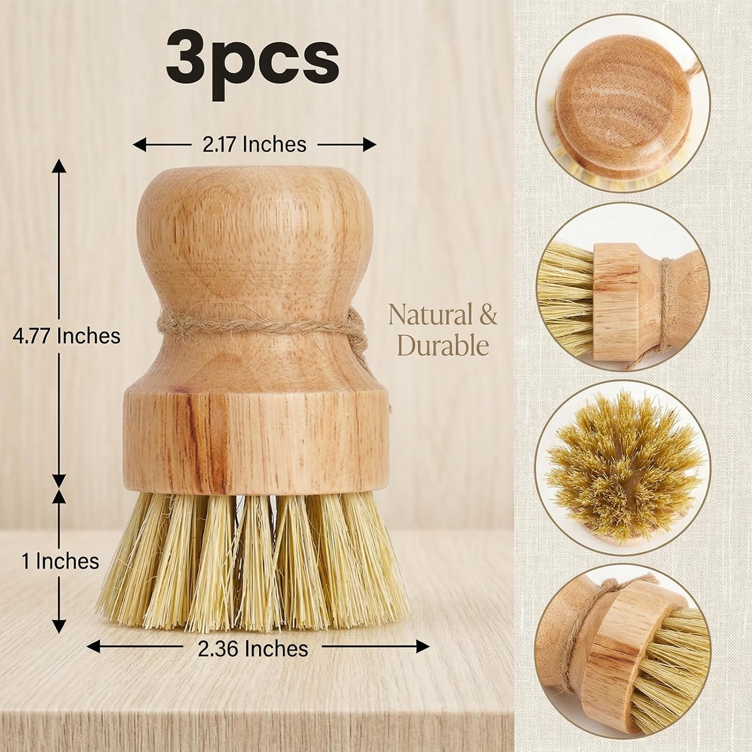 3 Pcs Dish Brush Set, Bamboo Palm Fiber Scrub Brush for Kitchen Cleaning, Pot Pan Sink Wok Vegetable Cleaning Brushes