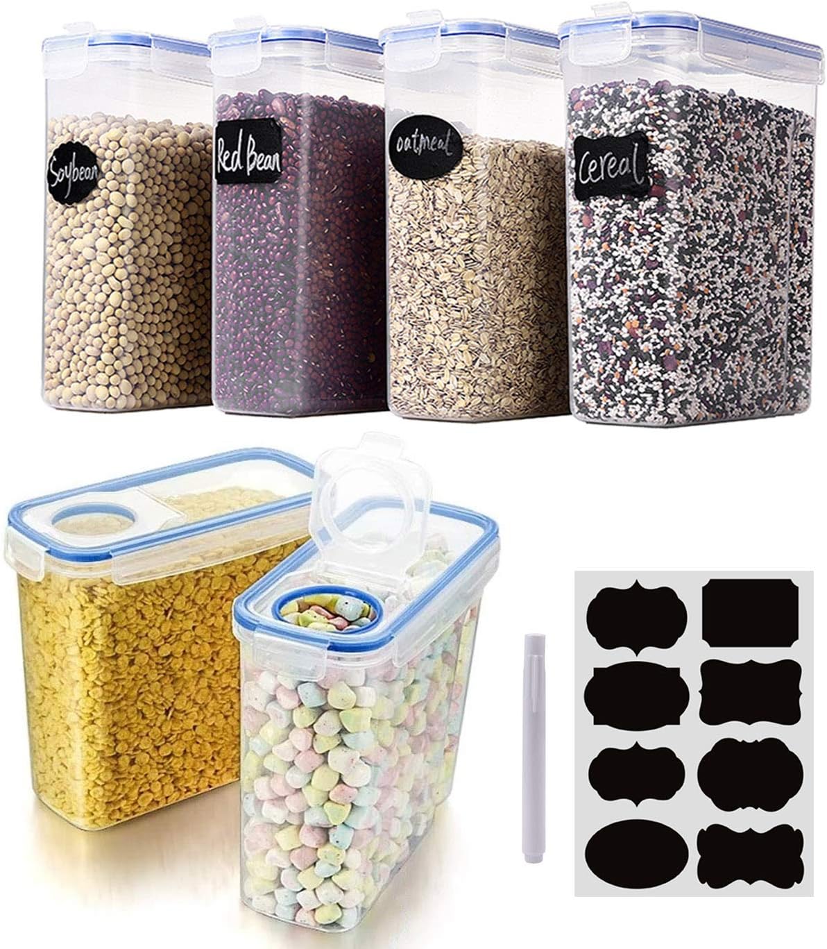 Valuxe Cereal & Dry Food Storage Containers, Airtight Plastic Kitchen Storage Organizer, Set of 6 [2.5L / 85.4oz] for Sugar, Flour, Snack, Baking Supplies, BPA Free Stackable Boxes with Locking Lids