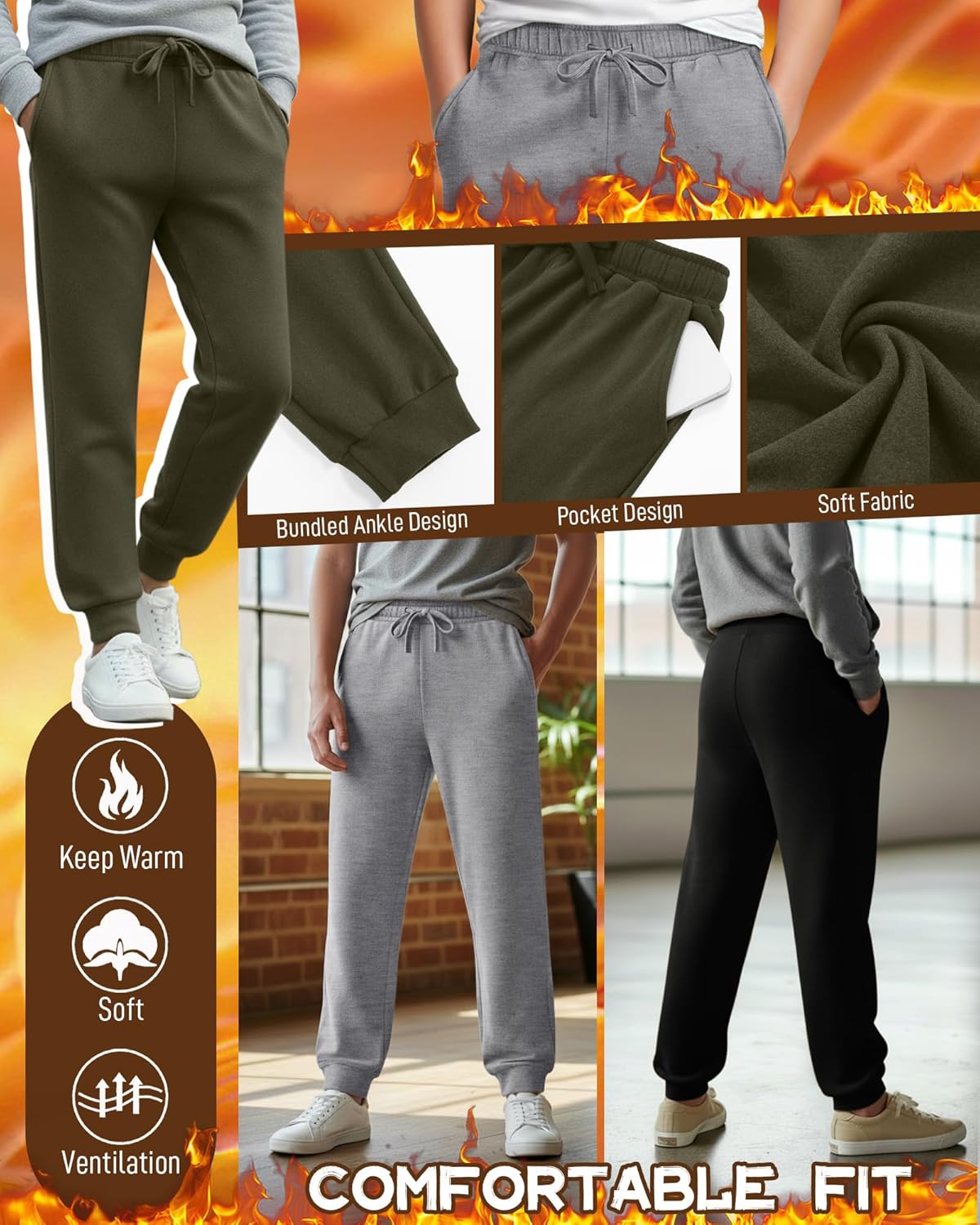 3 Pack Boys' Fleece Sweatpants Drawstring Straight Leg Cuffed Jogger Pants Athletic Lounge Pants with Pockets