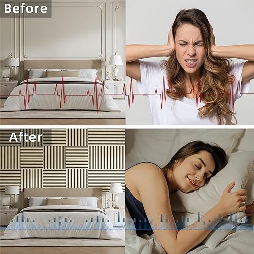 Miniatura 3 de Casaphoria Paneles de pared acústicos, 4 piezas de 23.6 x 23.6 pulgadas, paneles de pared 3D insonorizados, paneles de pared de listones de madera