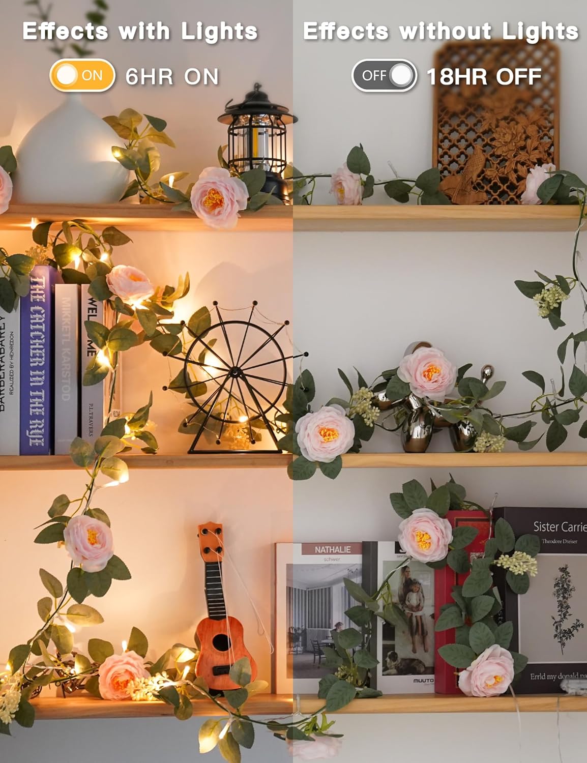 suddus Flower Garland with Pink Camellia Fairy Lights Indoor, 60 LED Vines String Lights Battery Operated with Remote, Artificial Fake Flowers Leaf Lights for Wedding,Bedroom,Centerpieces,Arch Decor