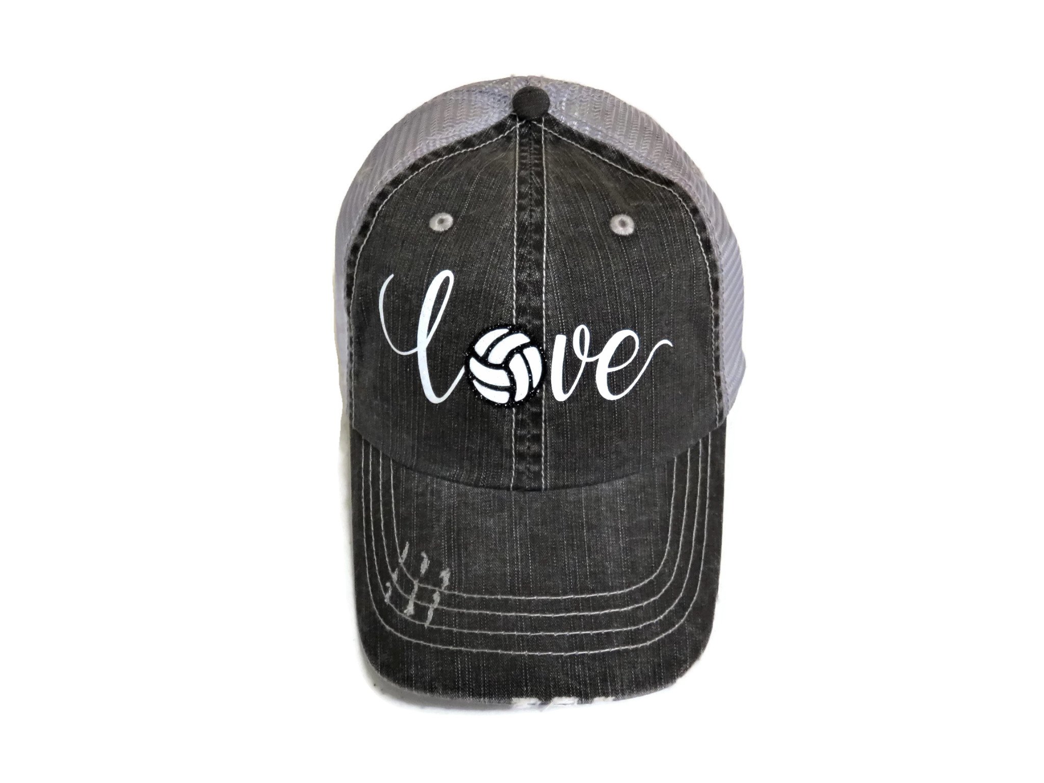 Spirit CapsWhite/Black Glitter Volleyball Love Distressed Look Grey Trucker Cap Hat Sports, Grey, One size