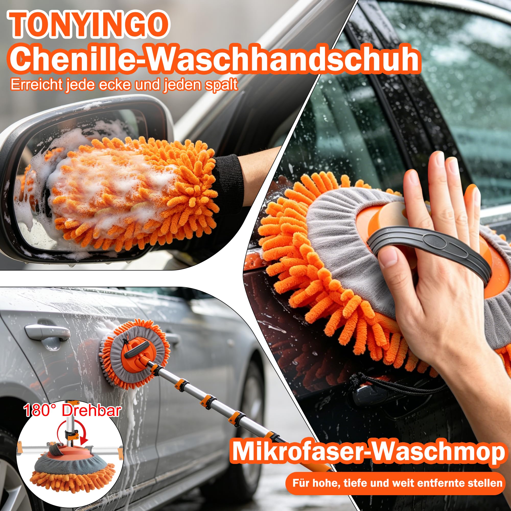 Autowaschbürste mit 5,5 m Reichweite & langem Stab, Autowasch-Set mit 1,2–3,6 m Teleskopstab, Radbürste, Mikrofaser-Wischmopp, Waschhandschuh, Fensterabzieher für PKW, Wohnmobile, LKW & SUV