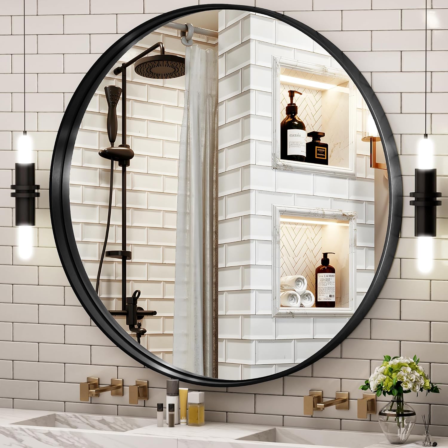 Hasipu Round Black Mirror 28 Inch Round Bathroom Mirror Metal Frame, Wall Mounted
