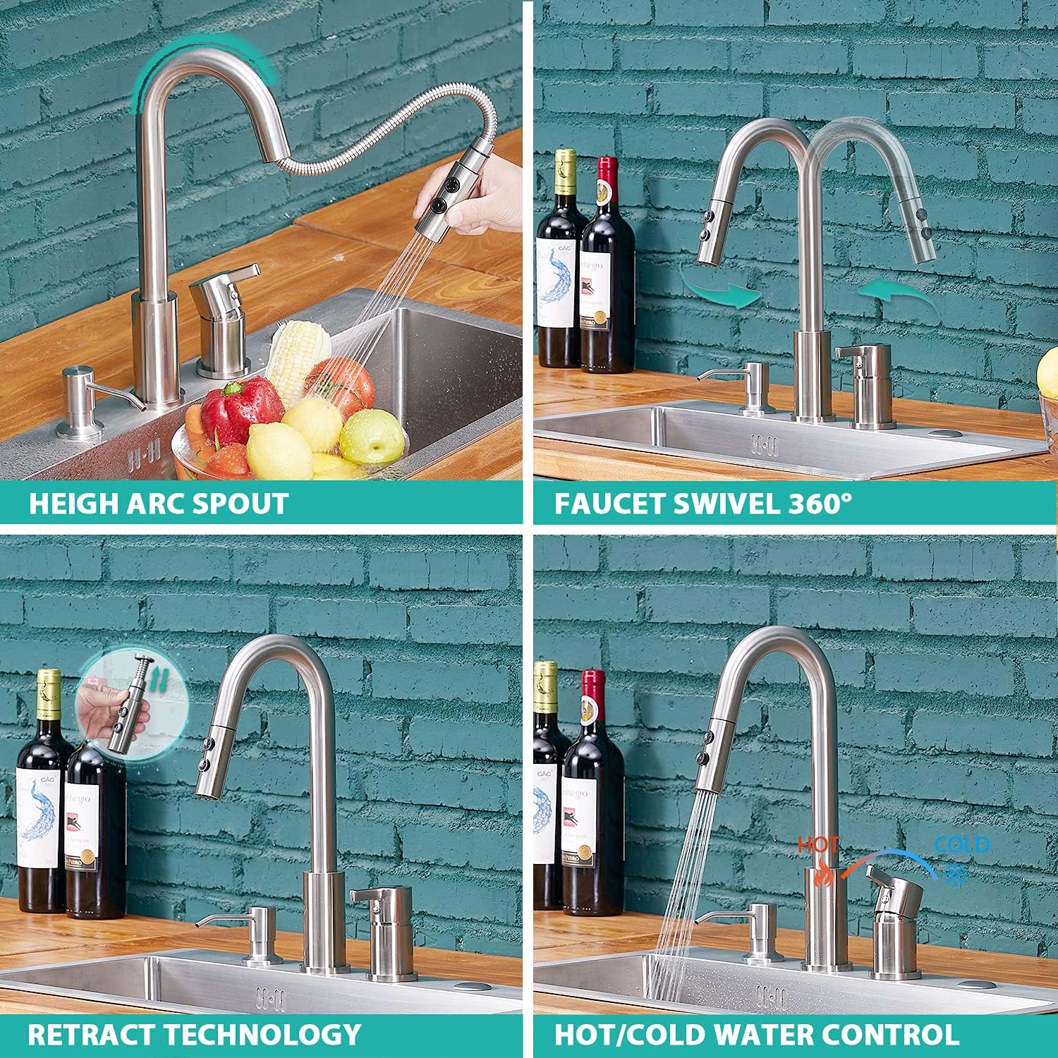 Frее Shірріng 🛒 KINFAUCET Modern Single-Handle 3 Hole Kitchen Faucet with Pull Down Sprayer, Stainless Steel Brushed Nickel Widespread 2 Hole Kitchen Sink Faucet with Soap Dispenser KINF025L