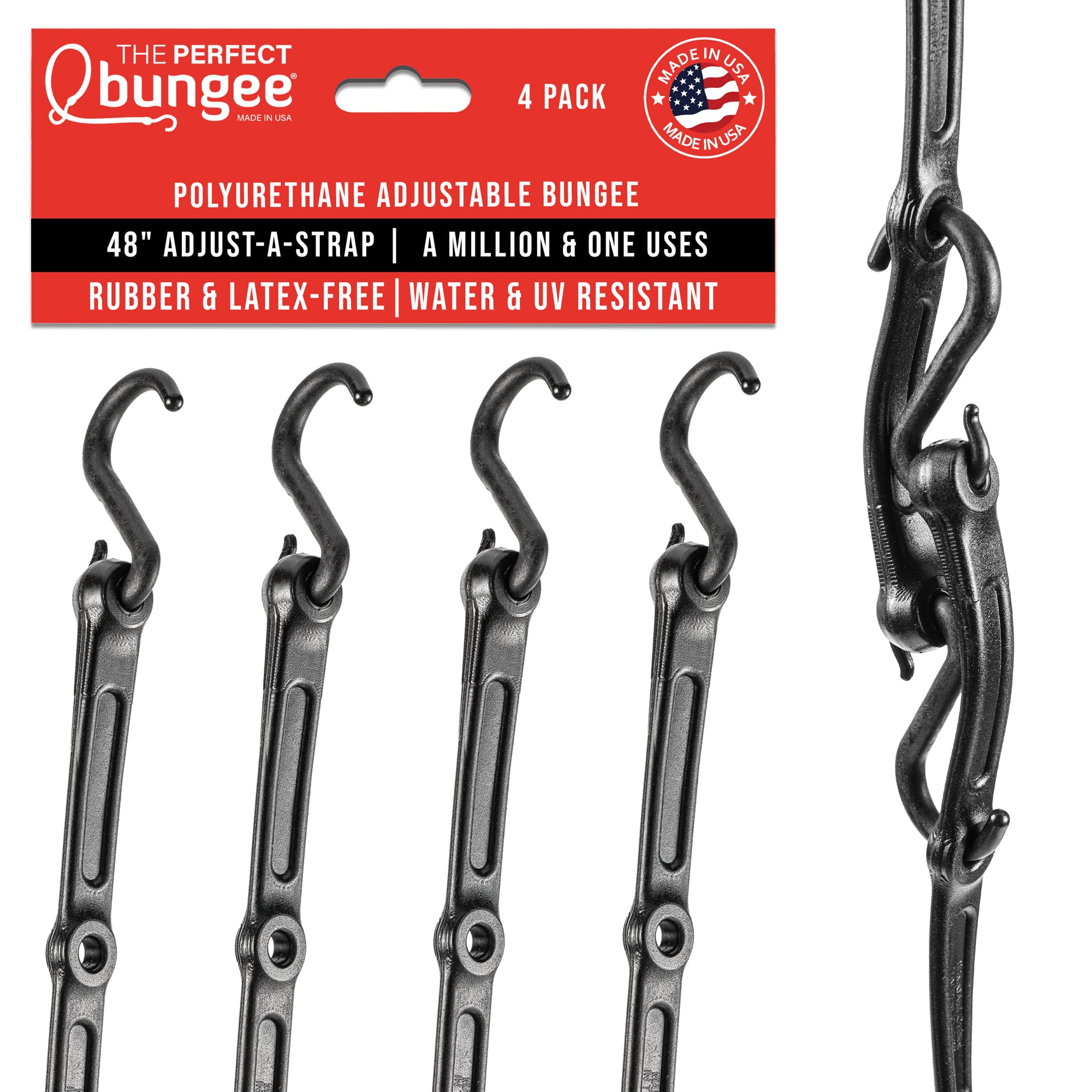 The Perfect Bungee 48” Adjust-A-Strap Rubber-Free Poly Bungee w Reinforced Holes to Adjust Size, Stretches 2X Length, Removable Nylon Hooks, UV Resistant, Heavy-Duty, All-Weather, Made in USA, Black