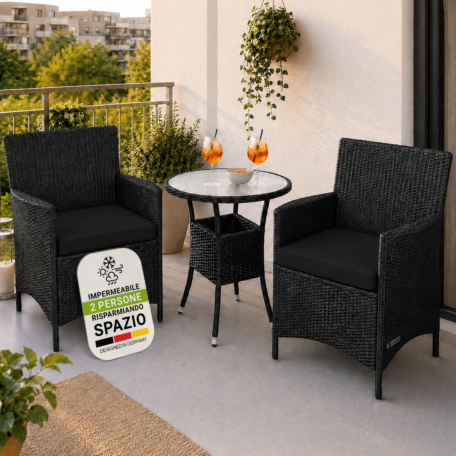Juskys Polyrattan Set da balcone Bayamo 2 persone - Tavolo con piano in vetro & 2 sedie - Mobili da balcone resistenti alle intemperie - Cuscini lavabili - nero - grigio
