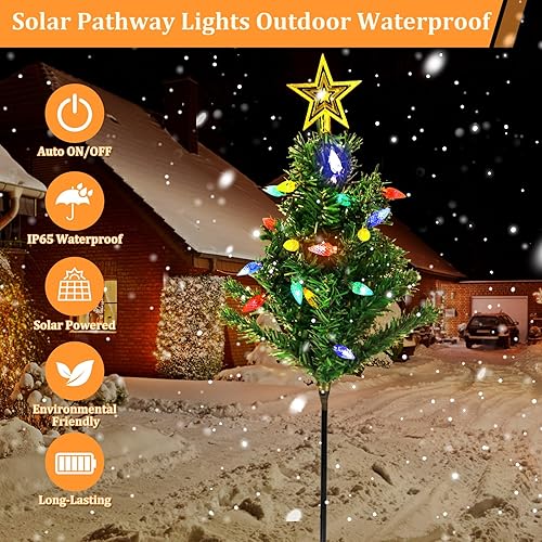 Miniatura 6 de Luces solares para camino para árbol de Navidad, paquete de 4 unidades para árbol de Navidad con estrella para árbol, 80 luces LED solares de jardín