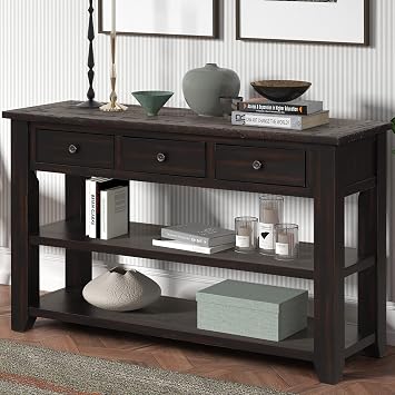Knocbel Wood Console Table with 3 Drawers and 2 Shelves, Vintage Sofa Tables with Solid Pine Frame and 4 Legs for Entryway Hallway Living Room, 48.82" W x 15.75" D x 30" H, Distressed Black
