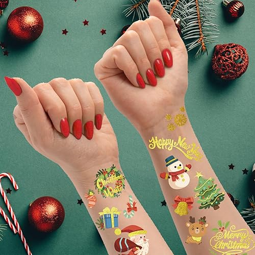 Miniatura 3 de 118 tatuajes temporales de Navidad para niños, tatuajes falsos con Papá Noel, Rodolfo, árbol de Navidad, muñeco de nieve, sombrero de Navidad para