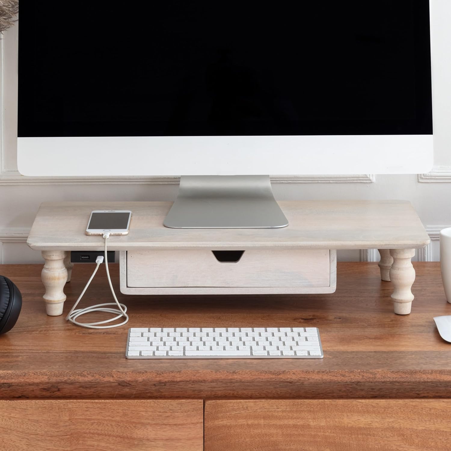 Anji Mountain Monitor Stand - Desktop Organizer & Laptop Riser, Ergonomic Monitor Riser, Space-Saving Monitor Stand for Desk, Durable Construction, Easy Assembly, Ideal for Home & Office,White Wash