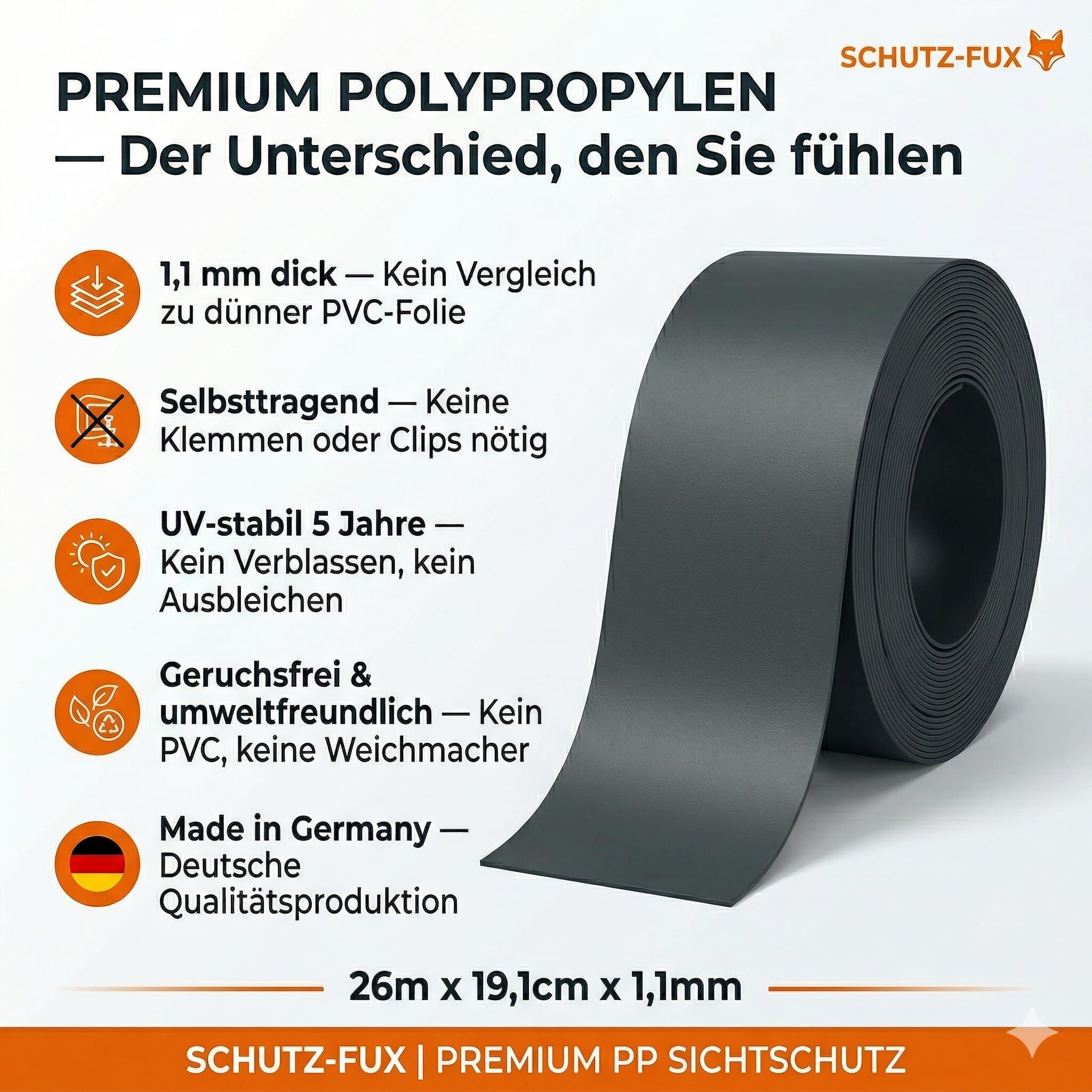 Sichtschutzstreifen (10 Stück) 253cm x 19,1cm Anthrazit RAL 7016 – 1,1mm Dick, UV-Stabil & Selbsttragend Ohne Klemmen – Für Doppelstabmattenzaun – Made in Germany